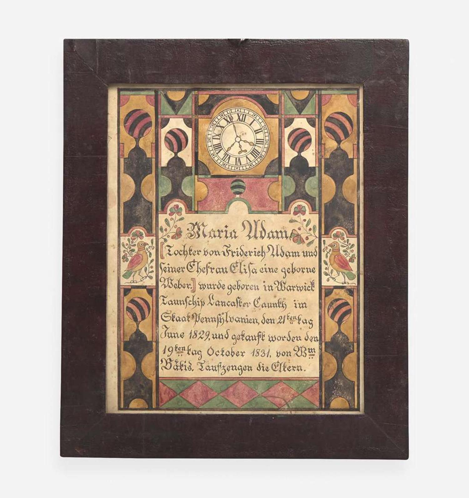 A Fraktur birth record for Maria Adam Samuel Bentz (1792-1850)