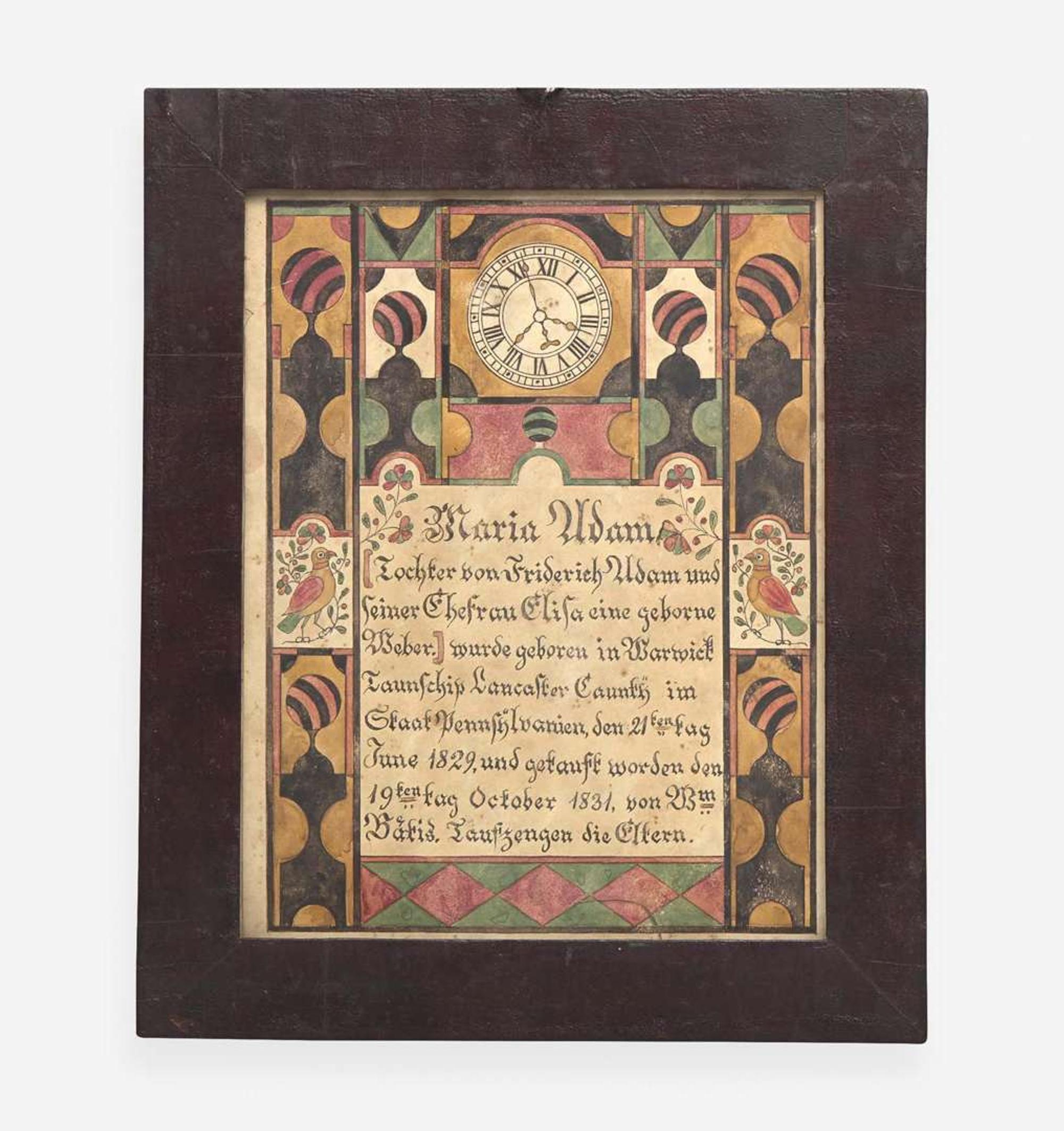 A Fraktur birth record for Maria Adam Samuel Bentz (1792-1850)