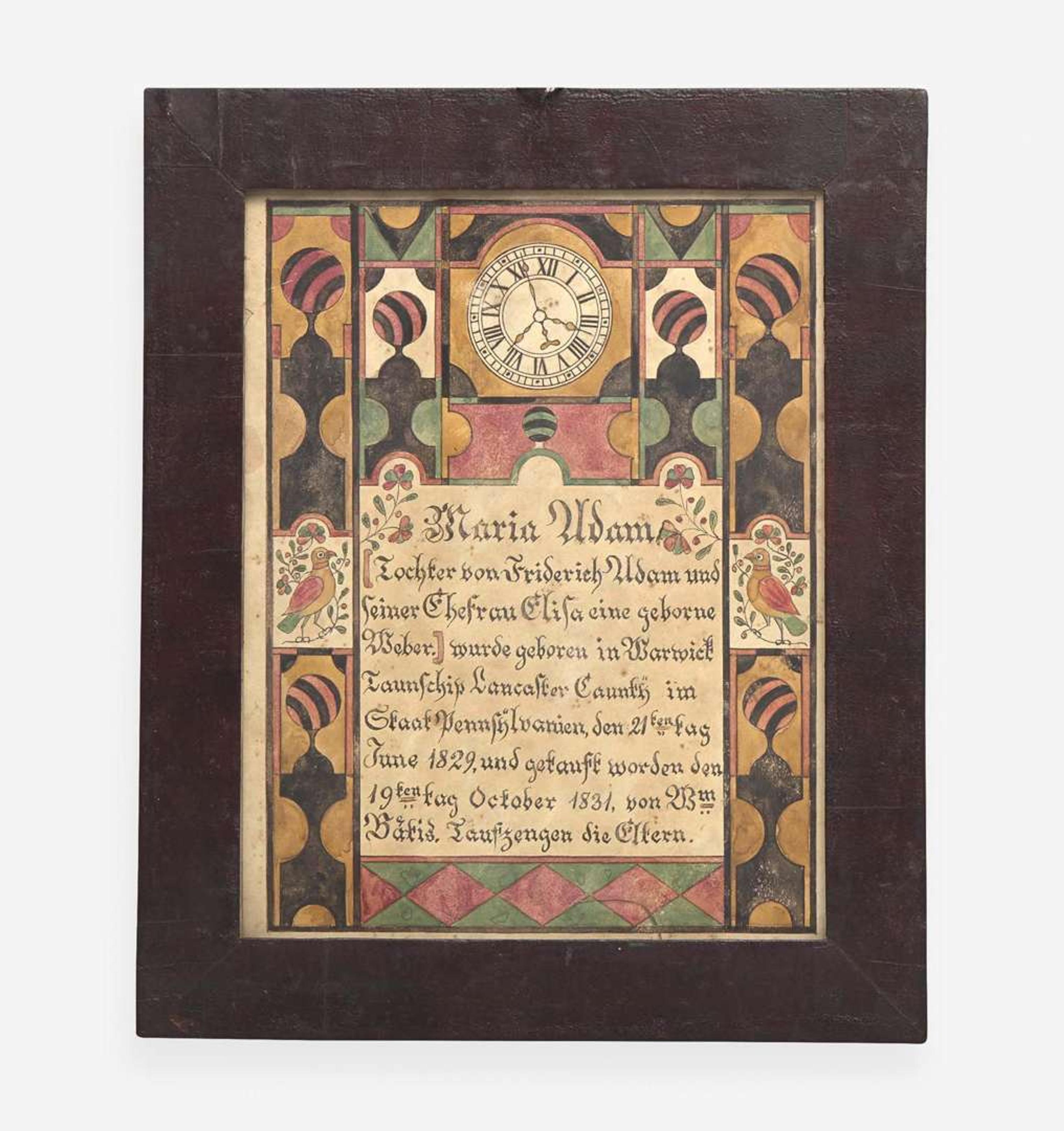 A Fraktur birth record for Maria Adam Samuel Bentz (1792-1850)