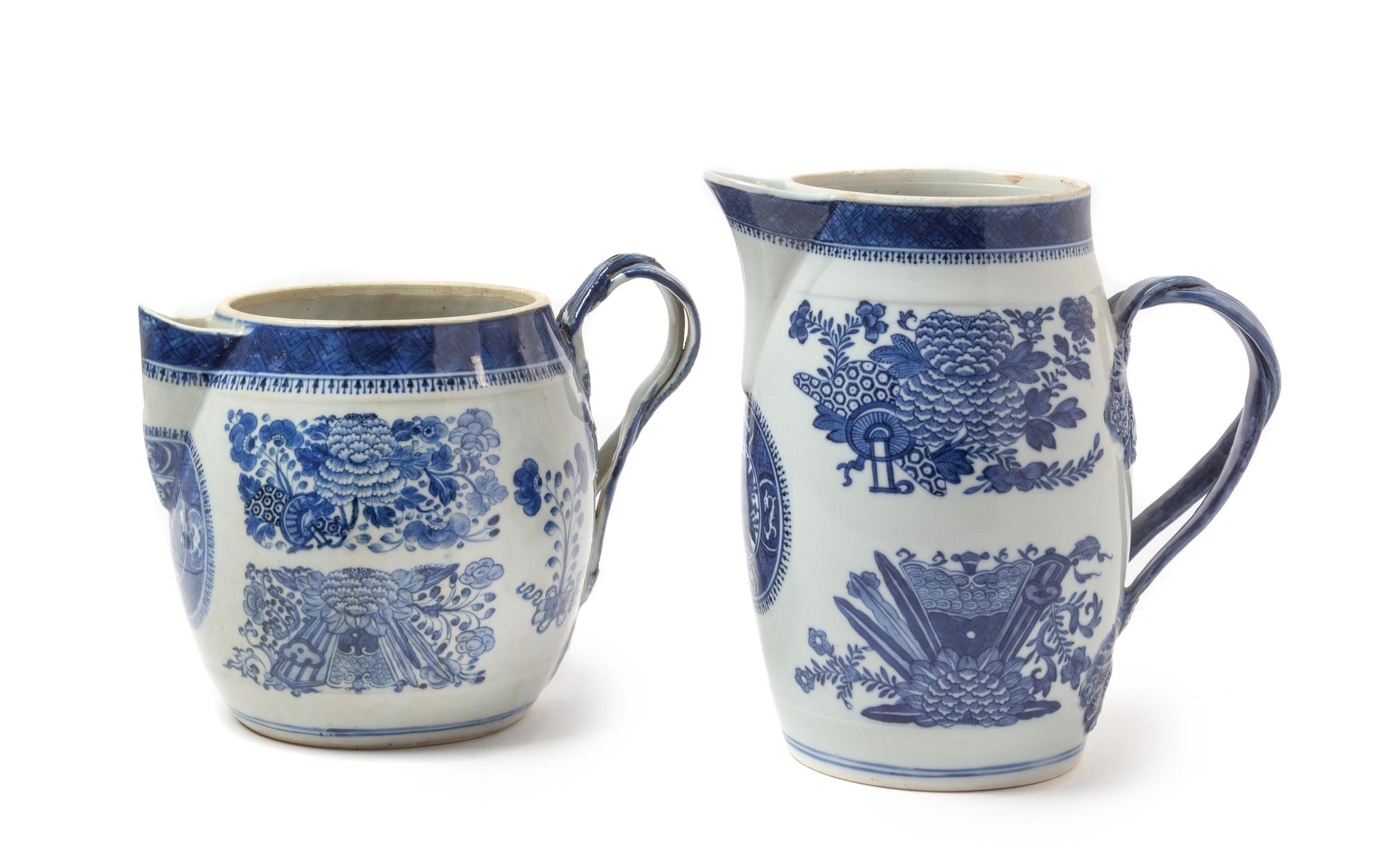 Two Chinese Export Blue Fitzhugh Porcelain Two Cider Pitchers