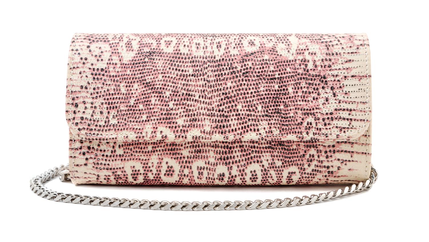 A Carlos Falchi Pink and Cream Snakeskin Clutch, 6.5" x 4" x 1.5".