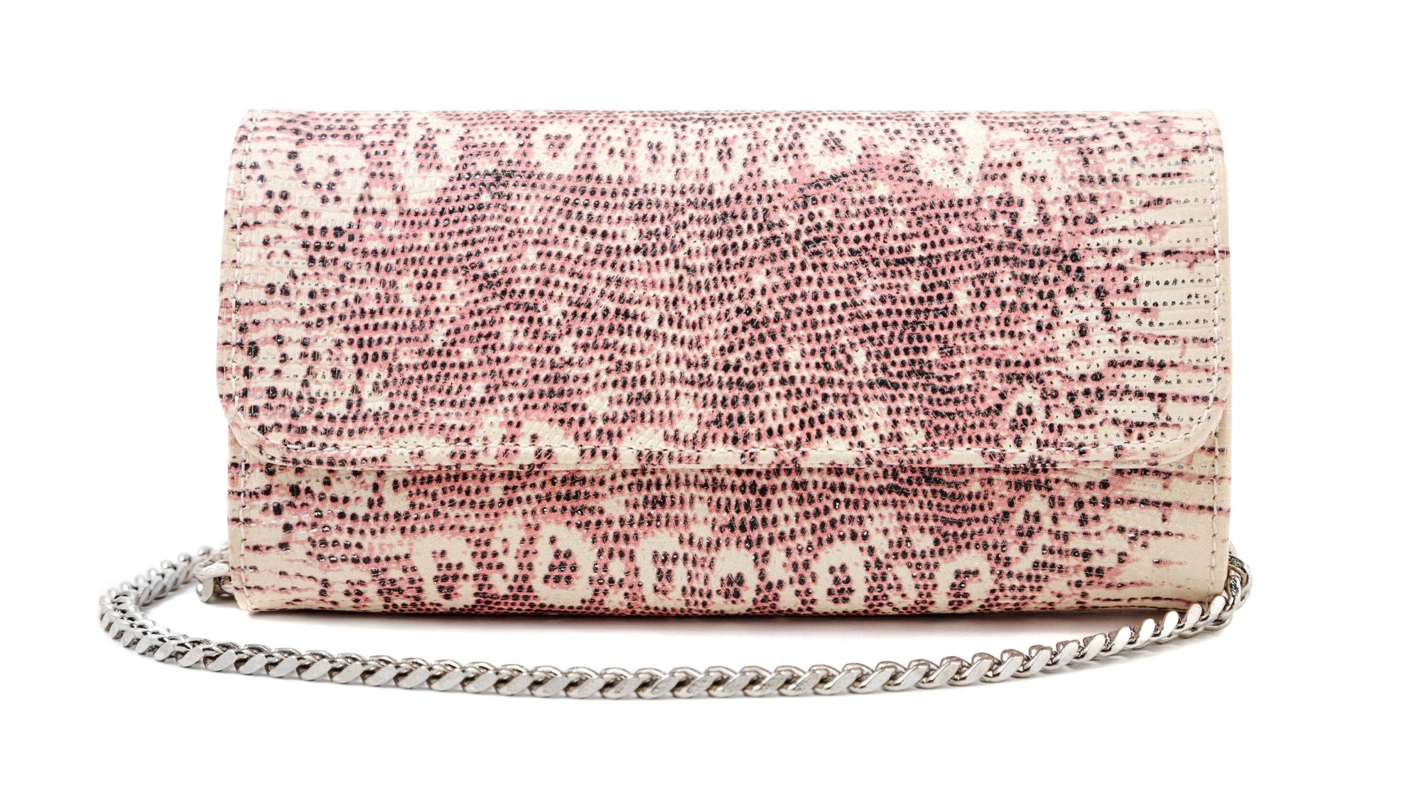 A Carlos Falchi Pink and Cream Snakeskin Clutch, 6.5" x 4" x 1.5".