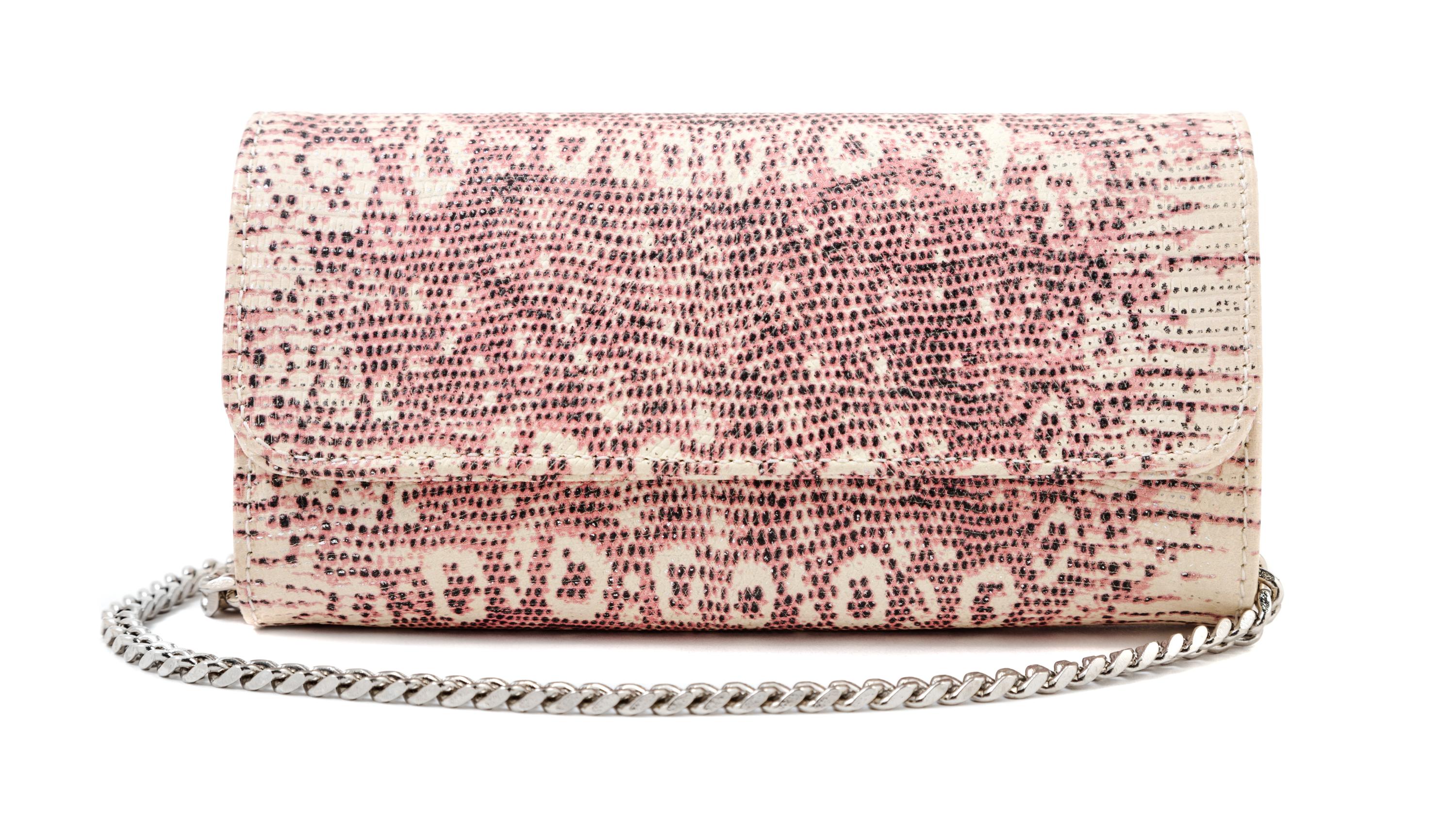 A Carlos Falchi Pink and Cream Snakeskin Clutch, 6.5" x 4" x 1.5".