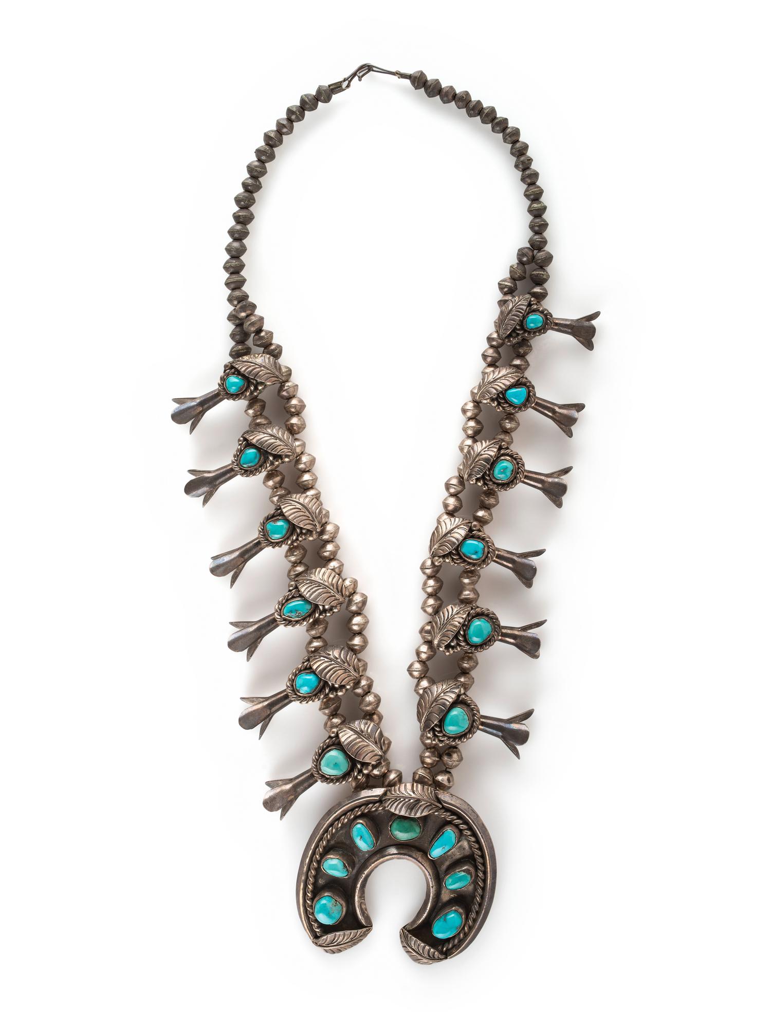 Navajo Silver and Turquoise Squash Blossom Necklace