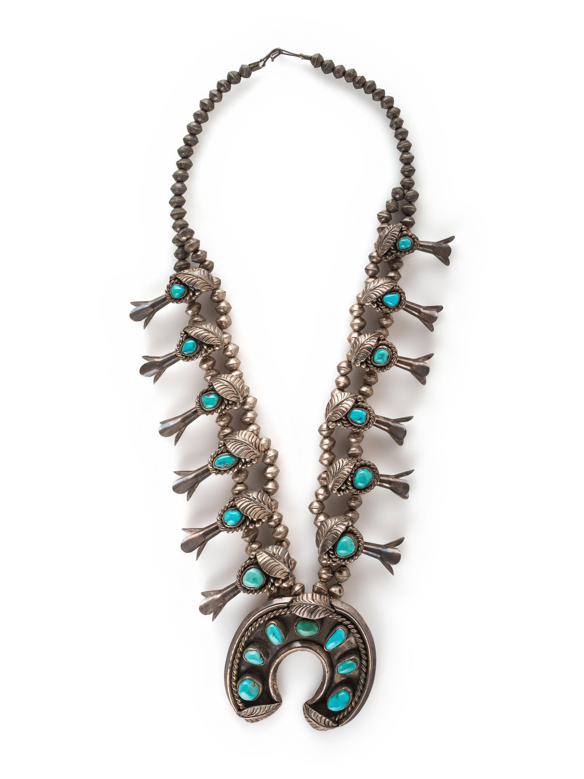 Navajo Silver and Turquoise Squash Blossom Necklace