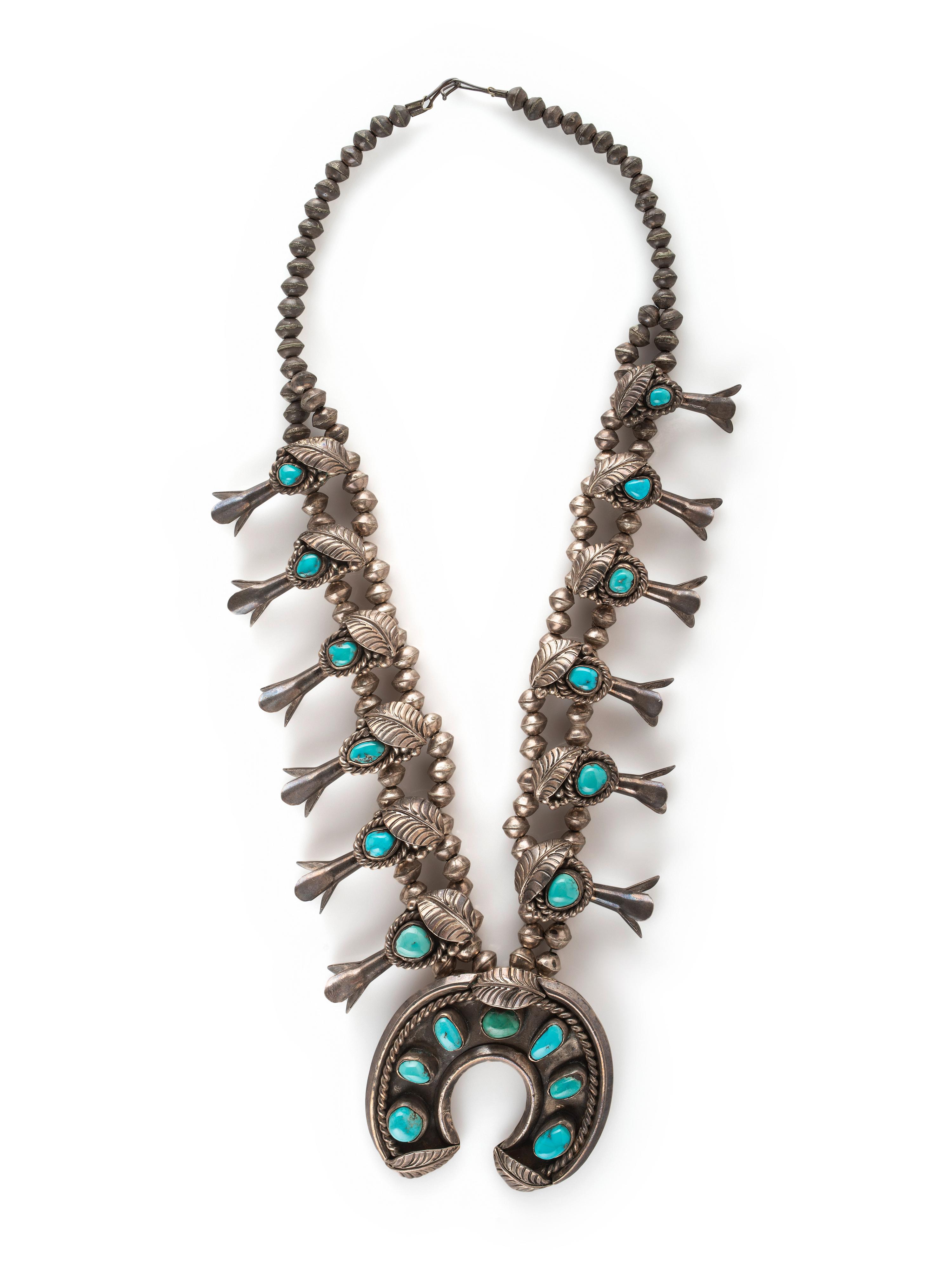 Navajo Silver and Turquoise Squash Blossom Necklace