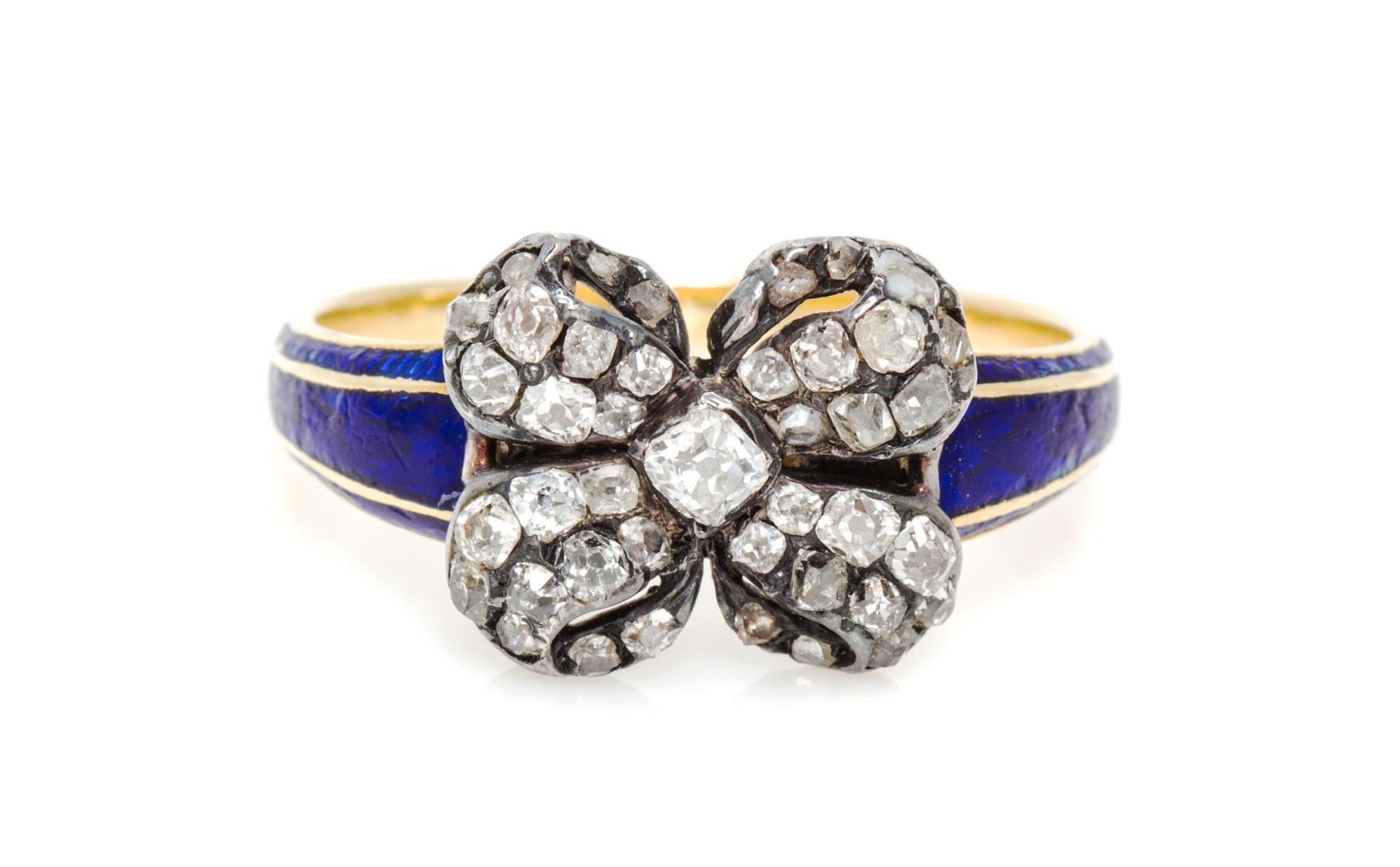A Georgian Silver Topped Gold, Diamond and Enamel Ring, 2.40 dwts.
