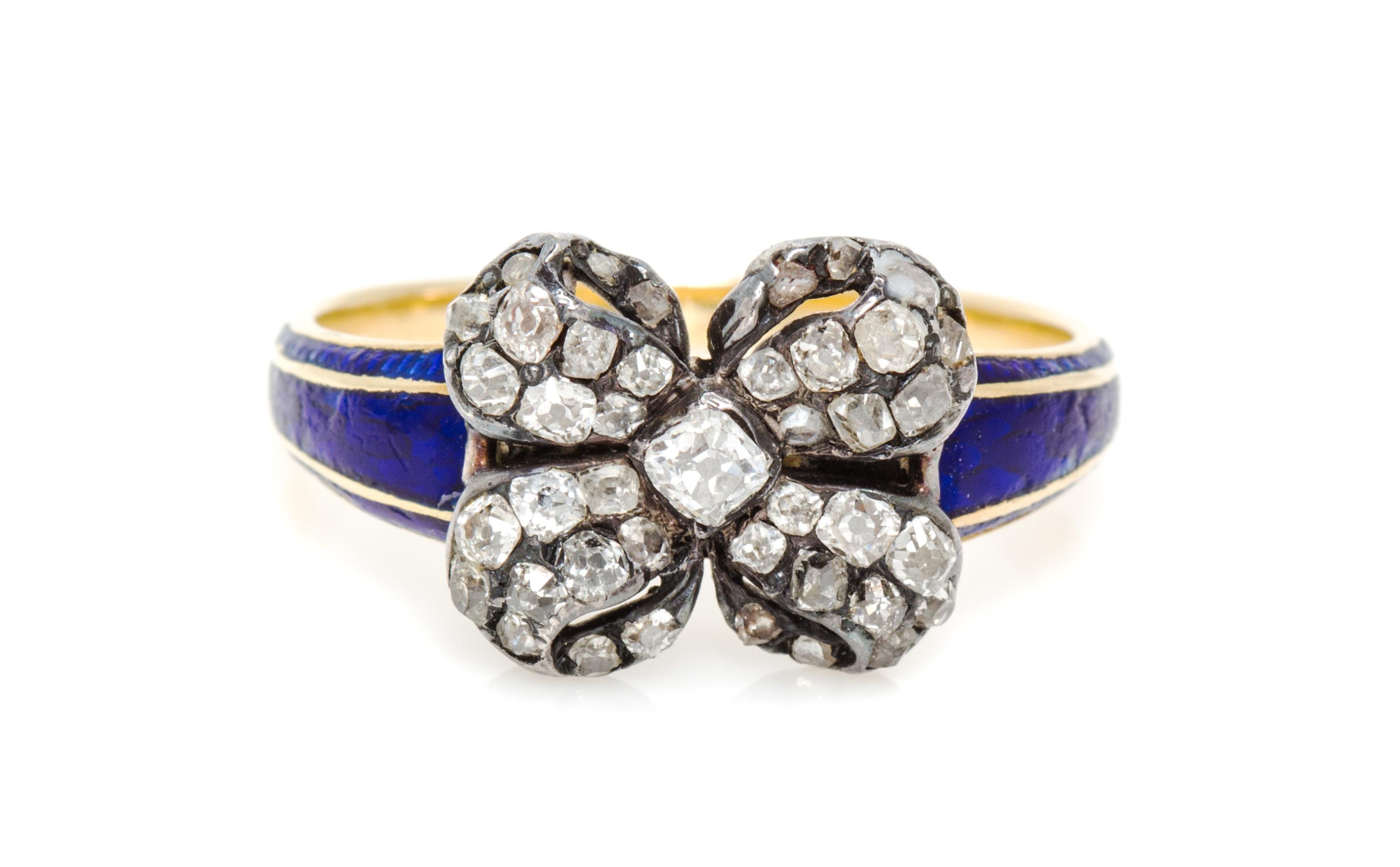 A Georgian Silver Topped Gold, Diamond and Enamel Ring, 2.40 dwts.