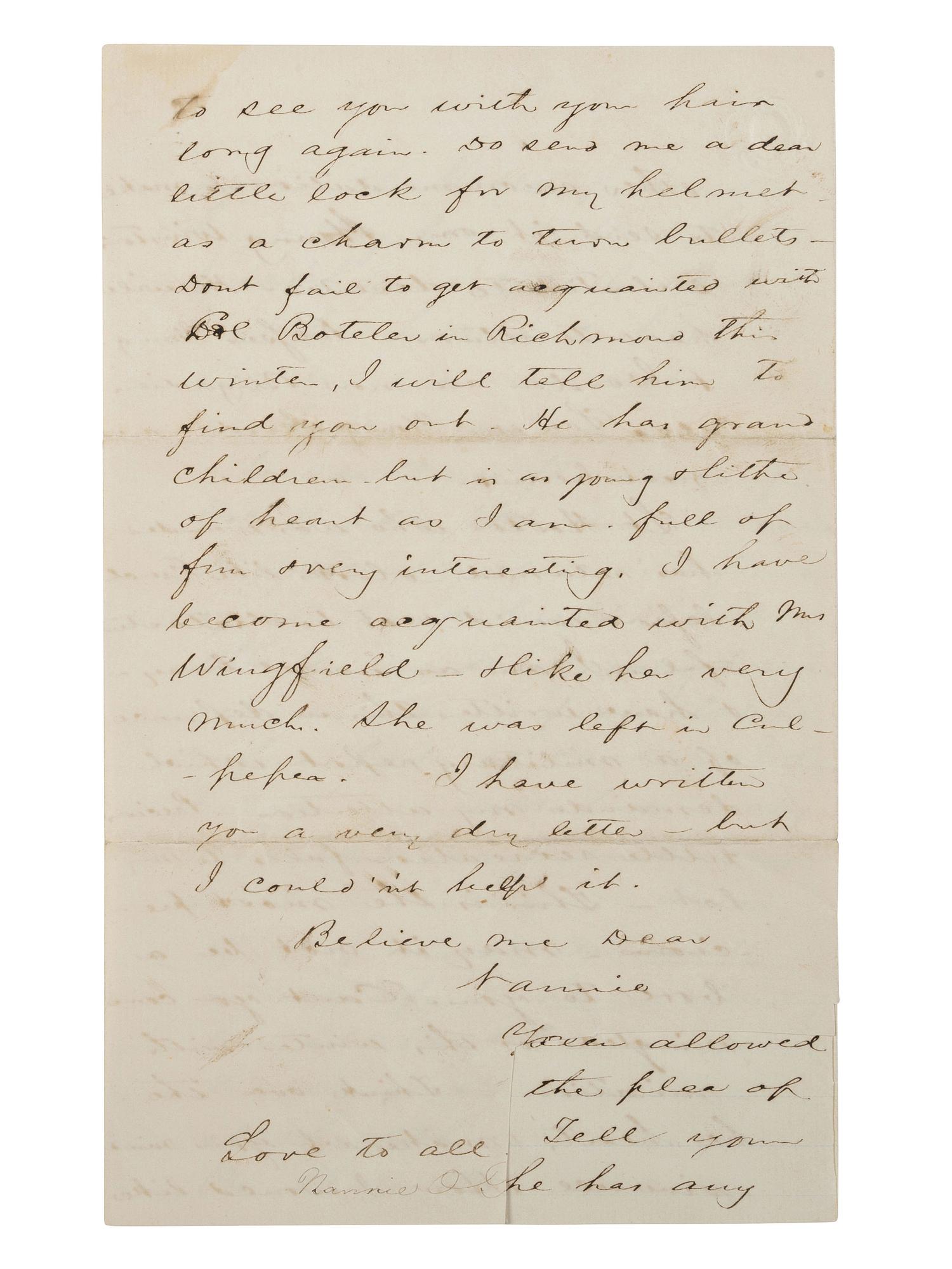 [CIVIL WAR]. STUART, J.E.B. (1833-1864). Autograph letter from Stuart to his cousin Nannie Price. "Camp near Orange C. H." 13 November 1863.