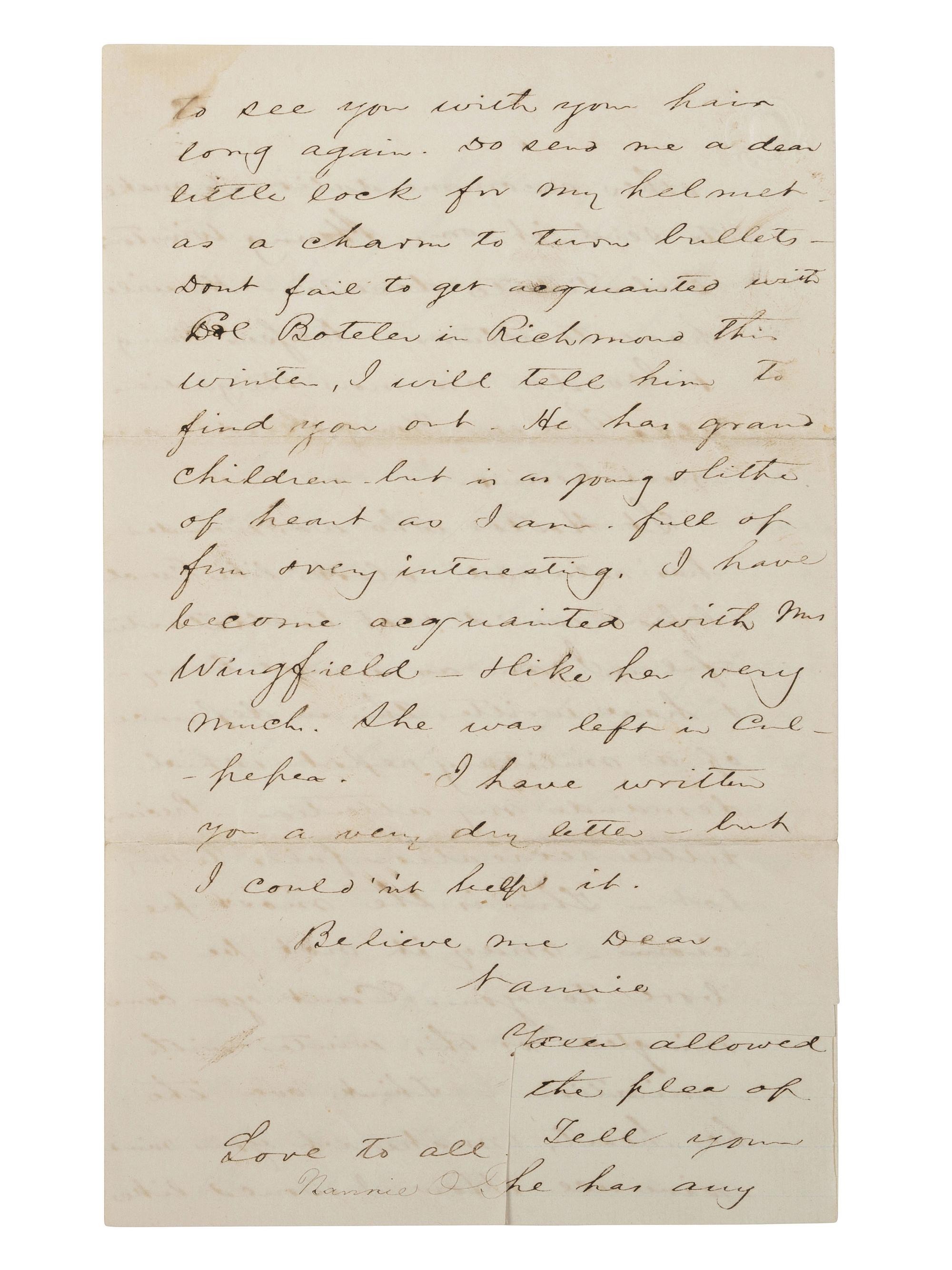 [CIVIL WAR]. STUART, J.E.B. (1833-1864). Autograph letter from Stuart to his cousin Nannie Price. "Camp near Orange C. H." 13 November 1863.