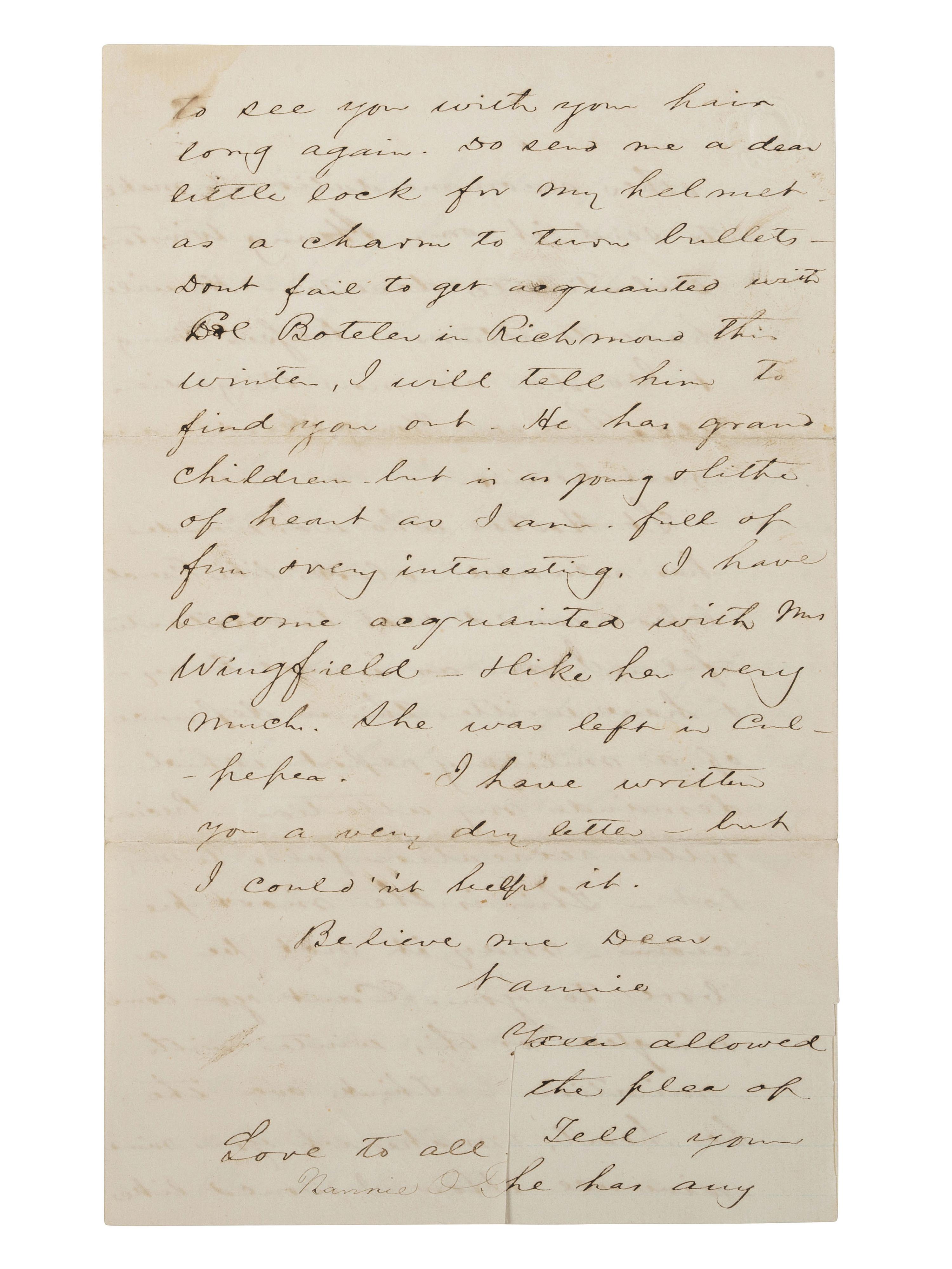 [CIVIL WAR]. STUART, J.E.B. (1833-1864). Autograph letter from Stuart to his cousin Nannie Price. "Camp near Orange C. H." 13 November 1863.