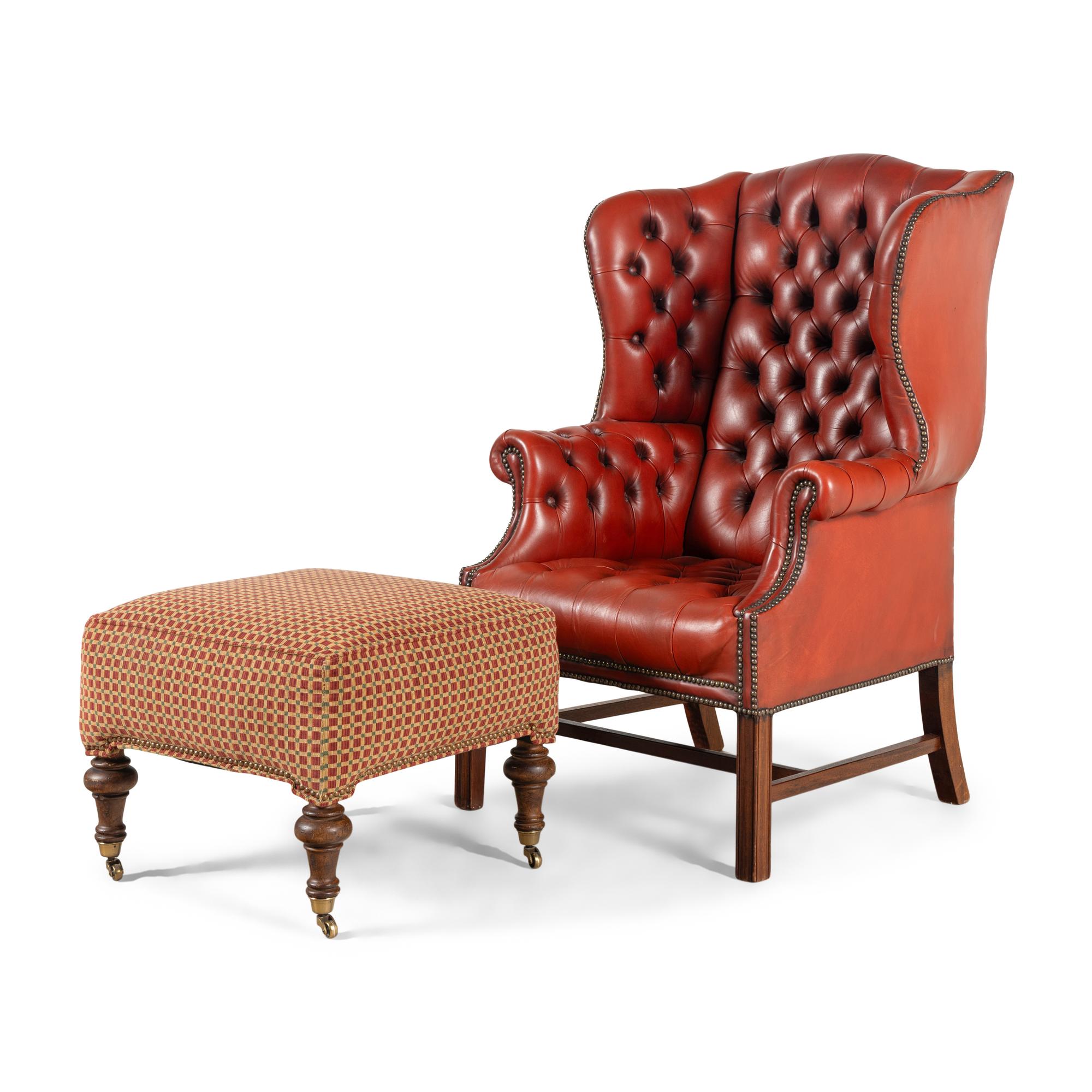 An English Button-Tufted Leather Wingback Chair and Associated Ottoman