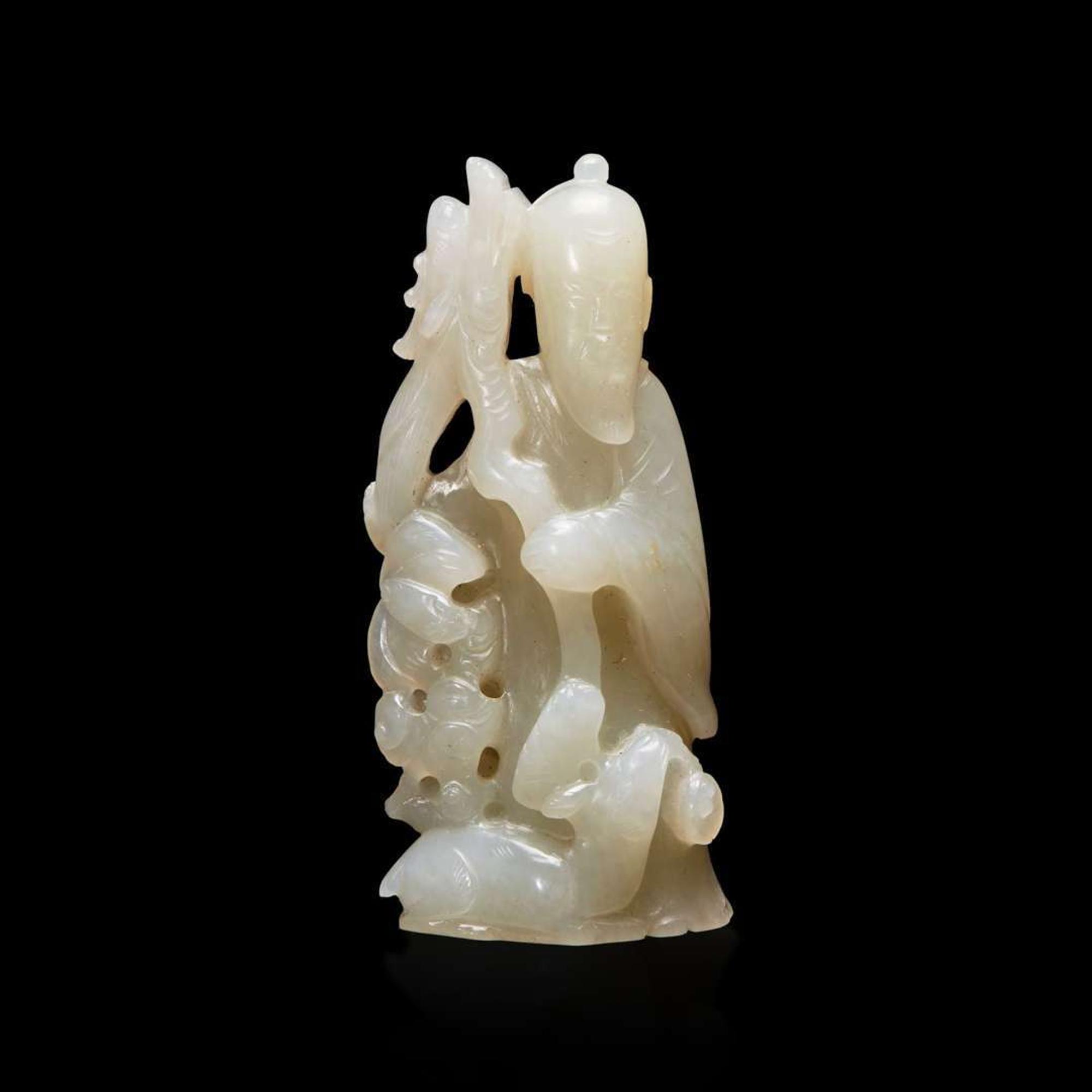 A Chinese small carved white jade figure of Shoulao, Deer, Bat, and Dragon 白玉壽老小雕件