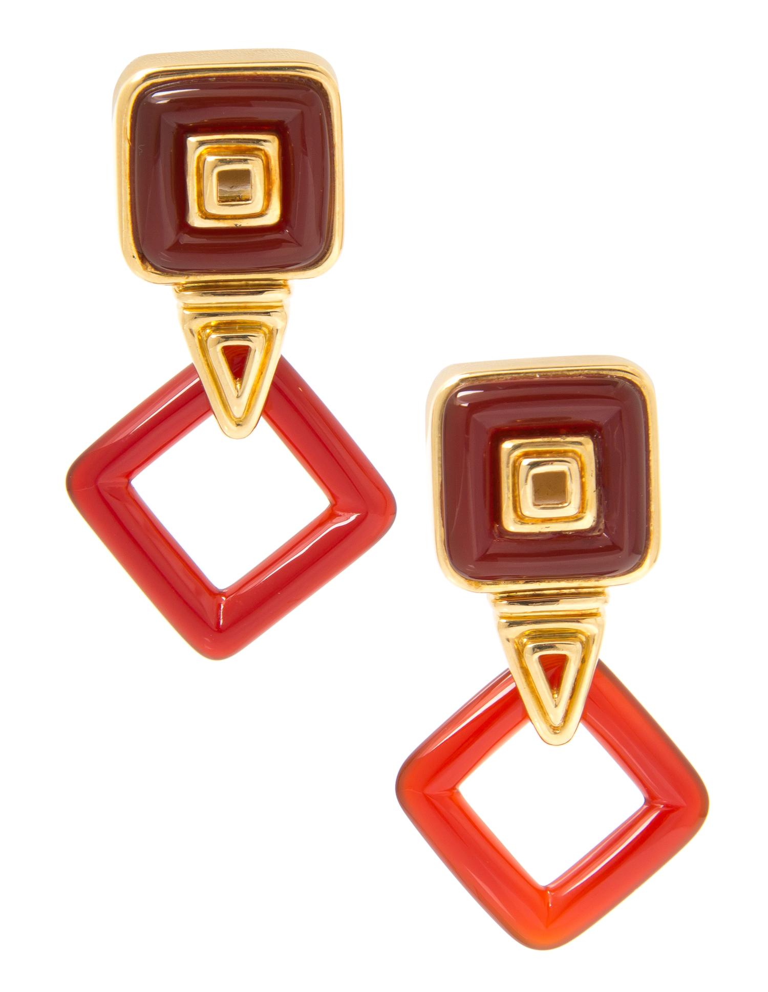 A Pair of 18 Karat Yellow Gold and Carnelian Pendant Earclips, 25.60 dwts.