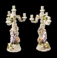 A Pair of German Porcelain Schneeballen Figural Four-Light Candelabra