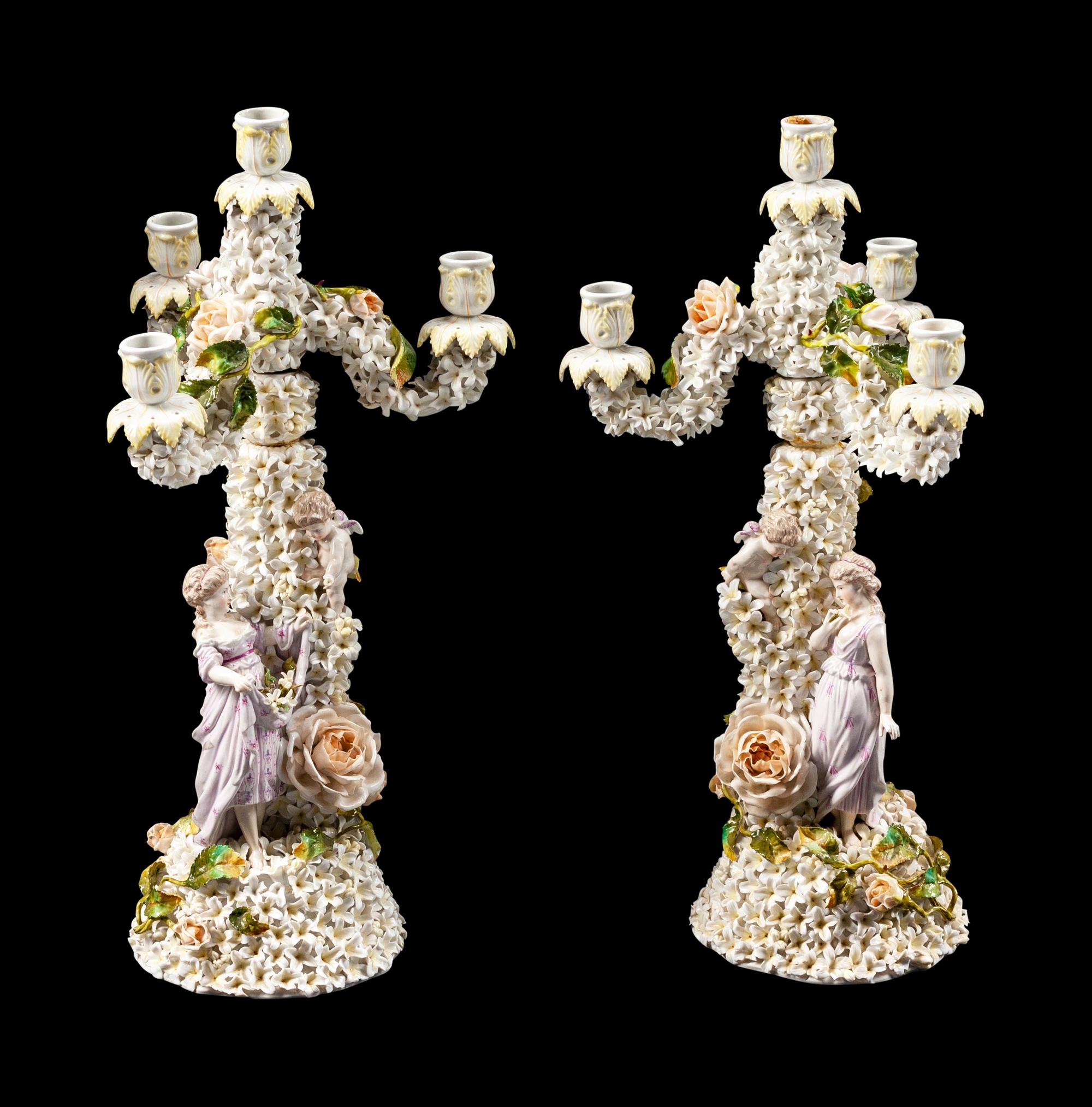 A Pair of German Porcelain Schneeballen Figural Four-Light Candelabra