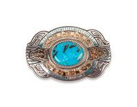 Sterling Silver Belt Buckle, with Morenci Turqoise and 14k Gold Accents