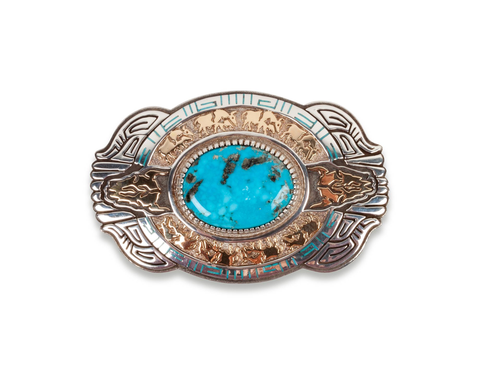 Sterling Silver Belt Buckle, with Morenci Turqoise and 14k Gold Accents