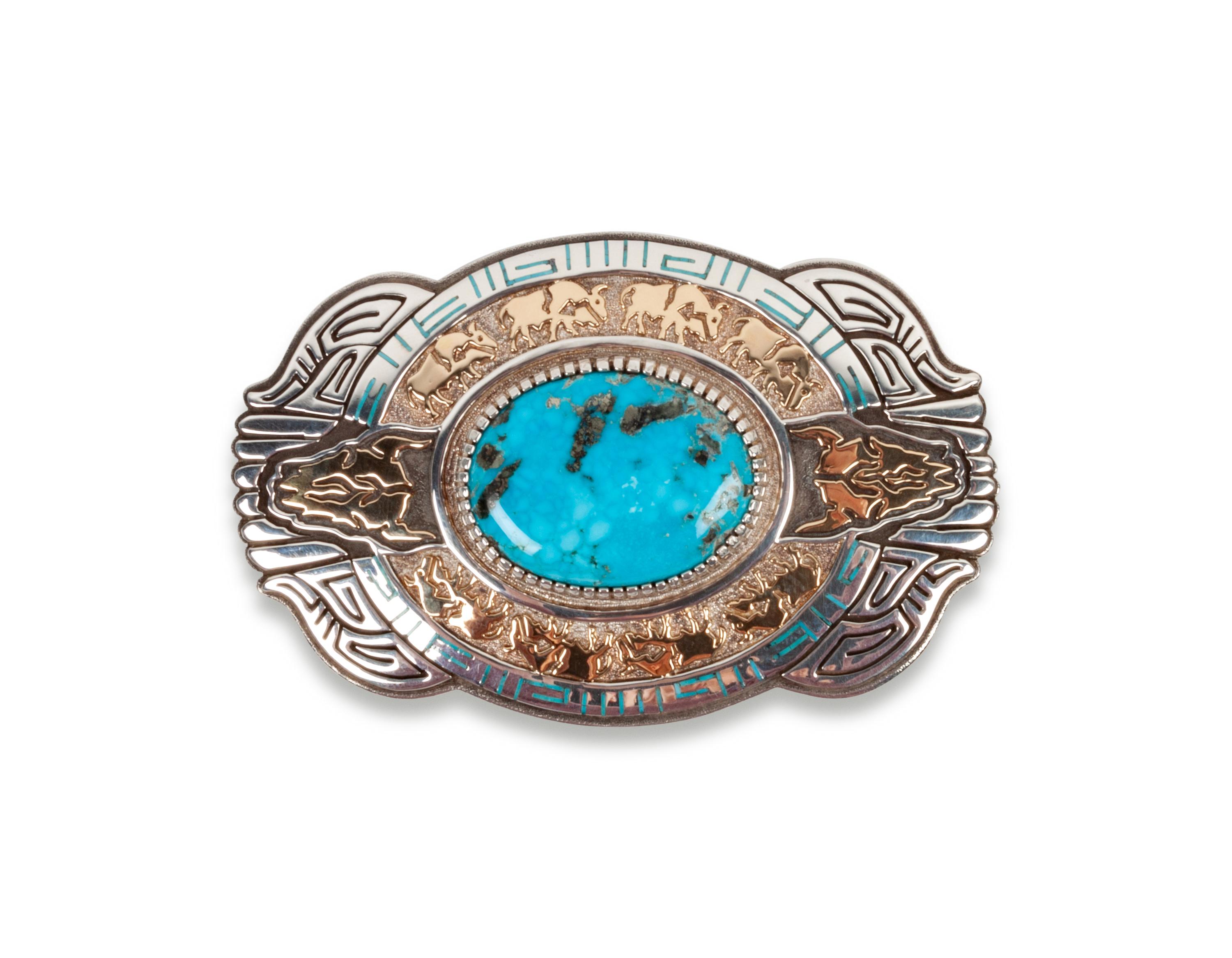 Sterling Silver Belt Buckle, with Morenci Turqoise and 14k Gold Accents