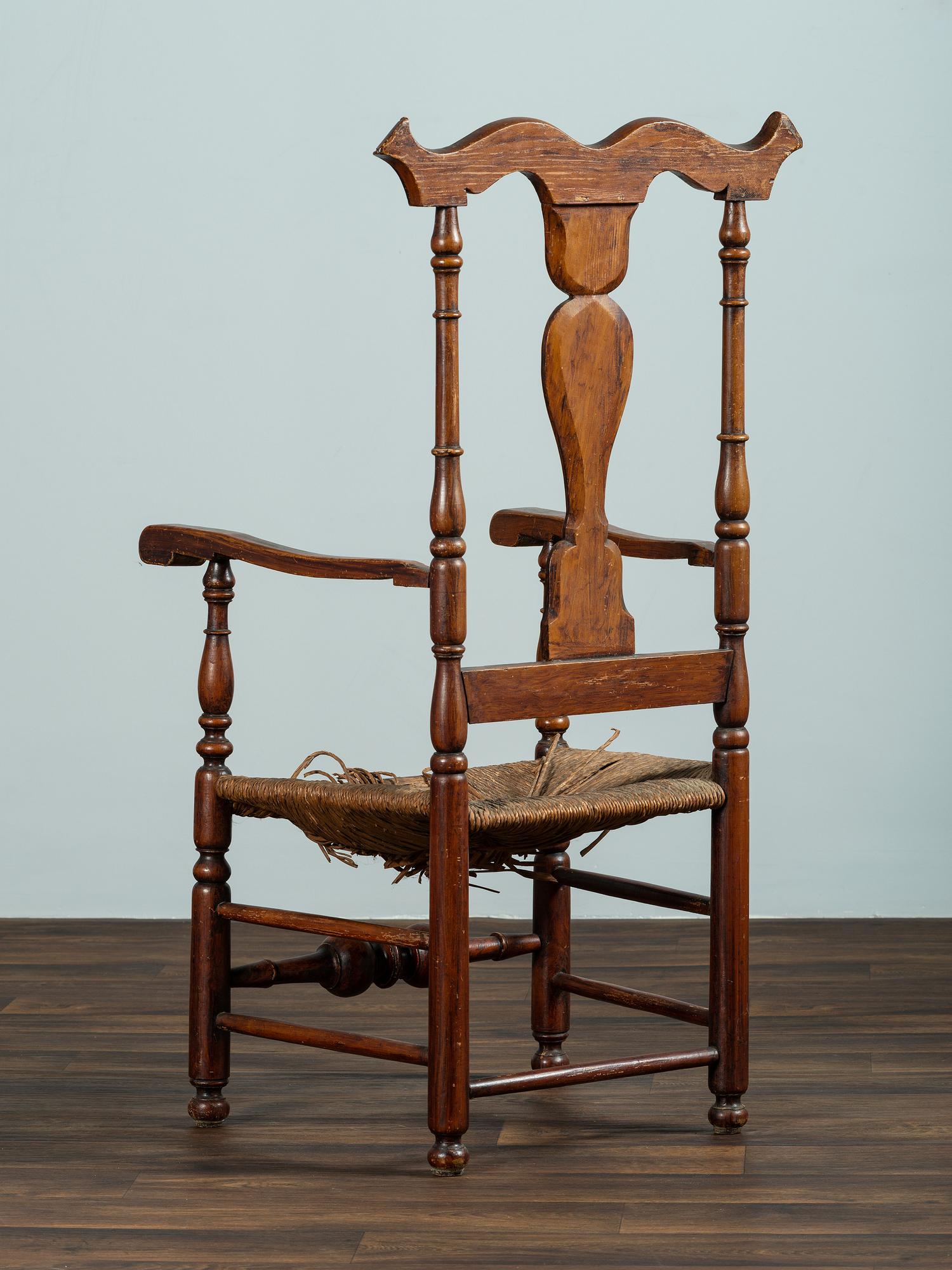 A William and Mary Reel Turned and Grain-Painted Rush-Seat Armchair
