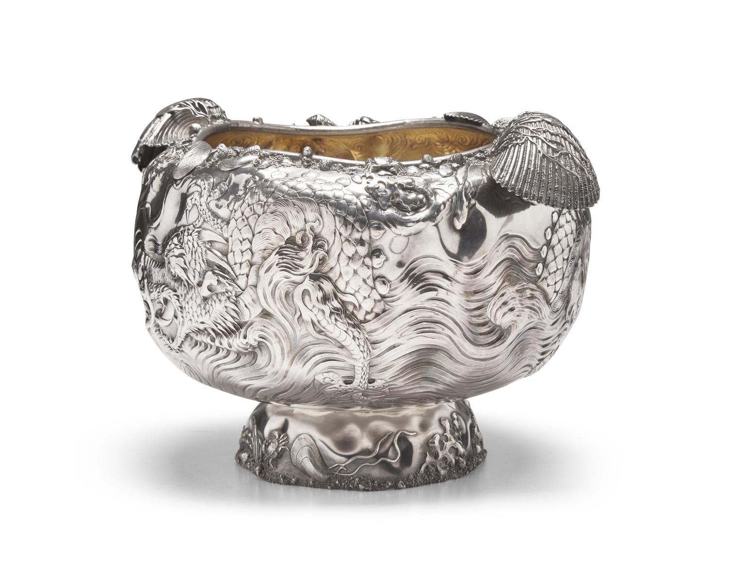 A Rare and Monumental Sterling Silver Japonesque Punch Bowl