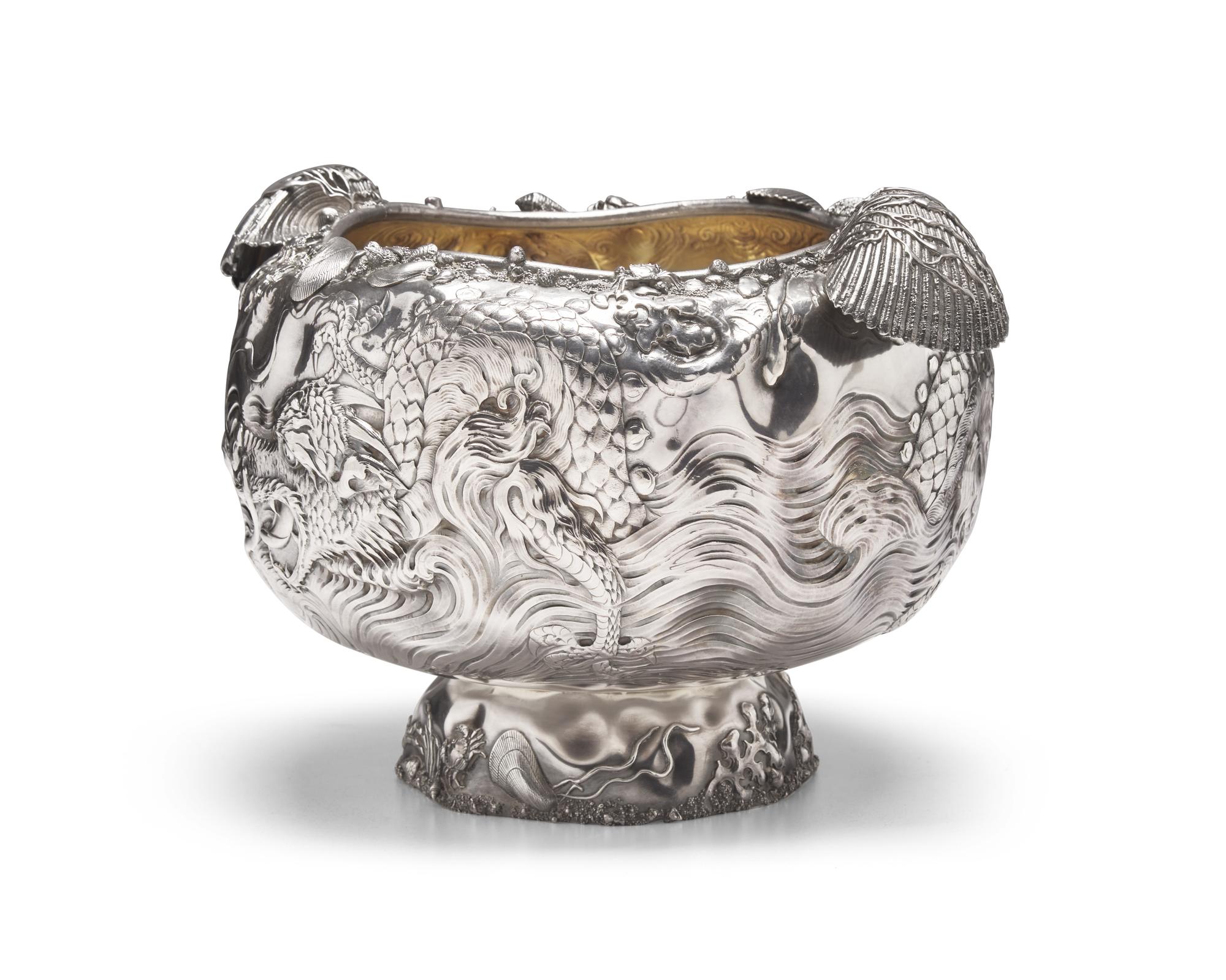 A Rare and Monumental Sterling Silver Japonesque Punch Bowl