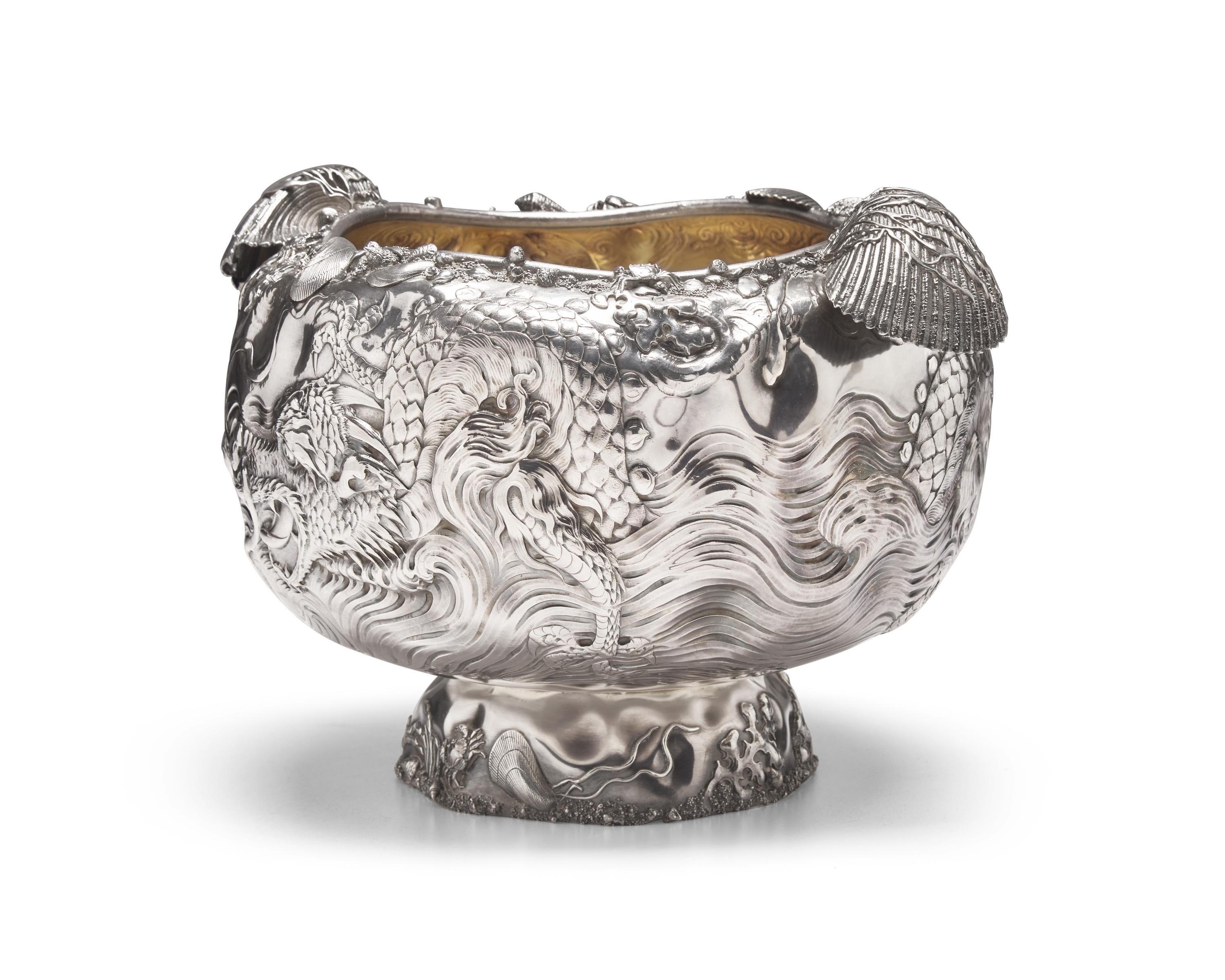 A Rare and Monumental Sterling Silver Japonesque Punch Bowl