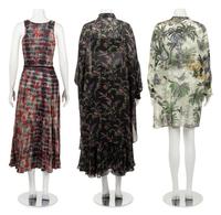 Five Christian Dior Pieces: One Silk Oversized Shirt and Skirt, One Floral Dress with Belt, One Tropical Print Tunic