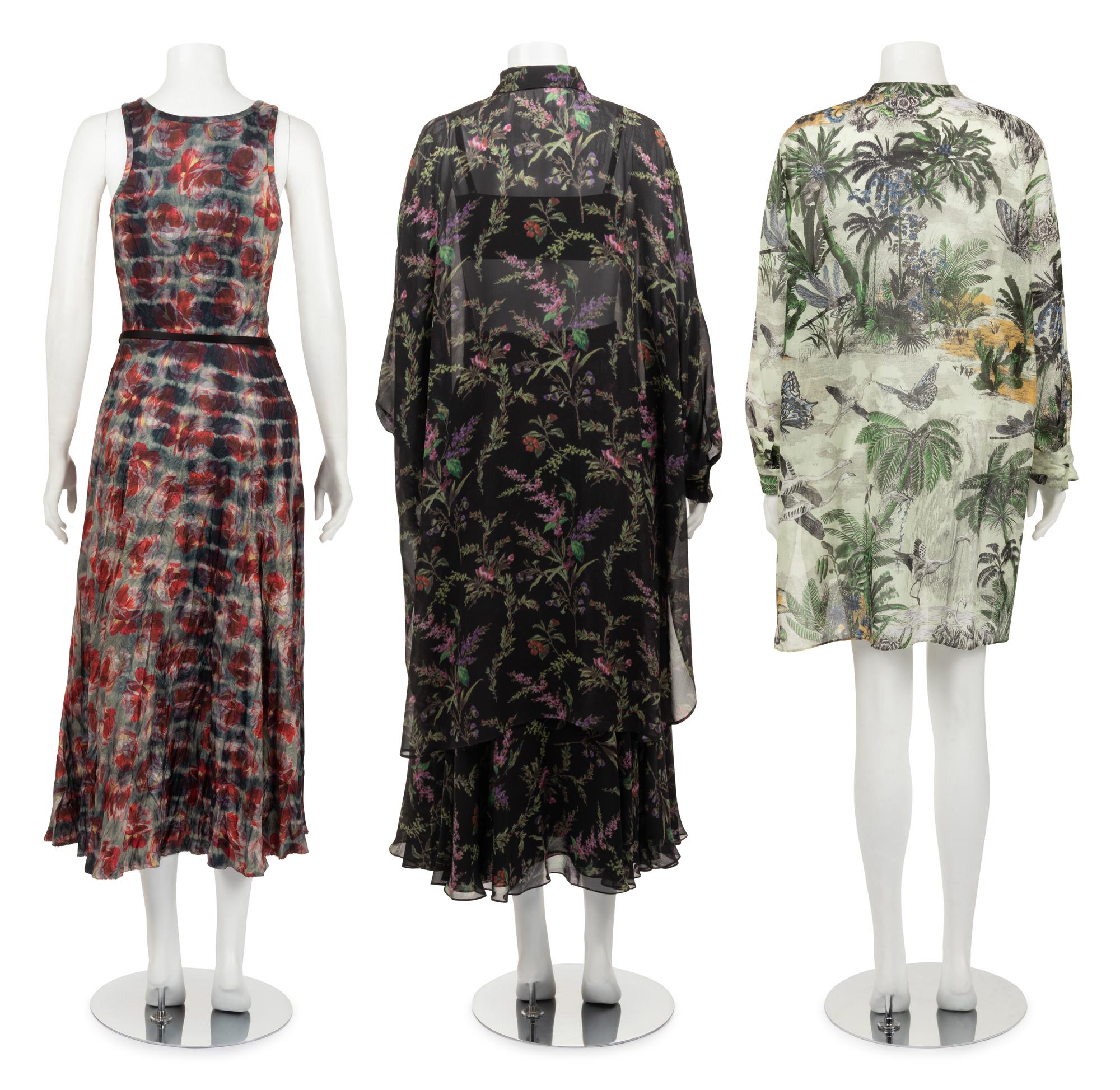 Five Christian Dior Pieces: One Silk Oversized Shirt and Skirt, One Floral Dress with Belt, One Tropical Print Tunic