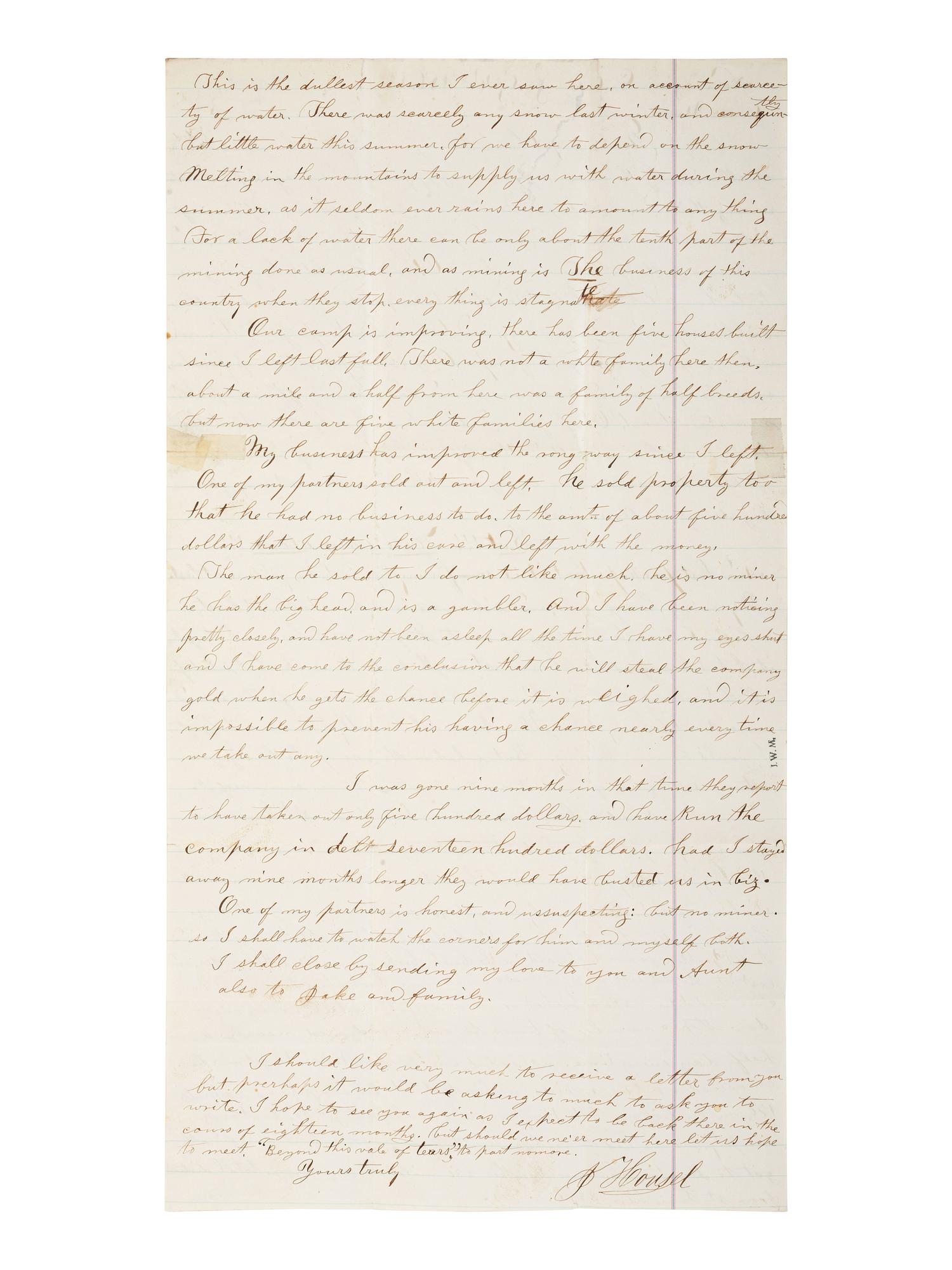 [WESTERN AMERICANA-MINING]. 2 manuscripts, incl. miner's letter from Norwegian Gulch (Montana), 1869