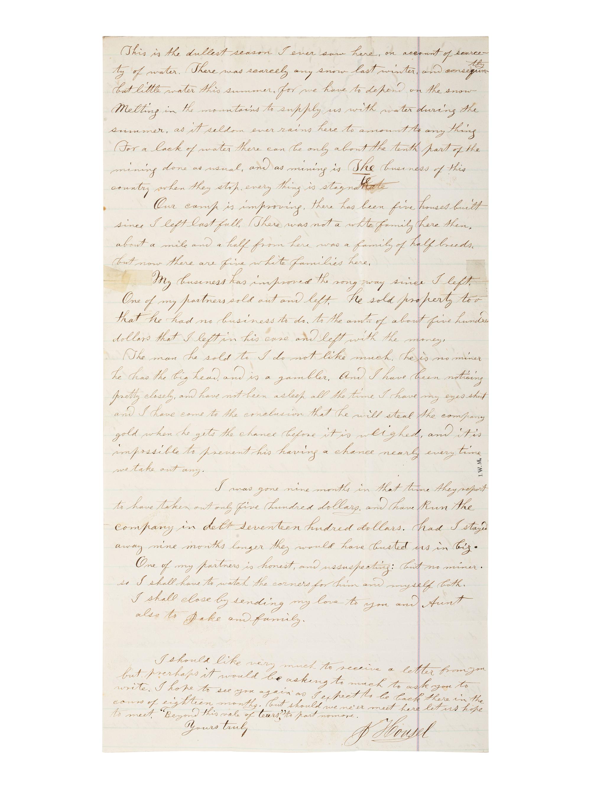 [WESTERN AMERICANA-MINING]. 2 manuscripts, incl. miner's letter from Norwegian Gulch (Montana), 1869