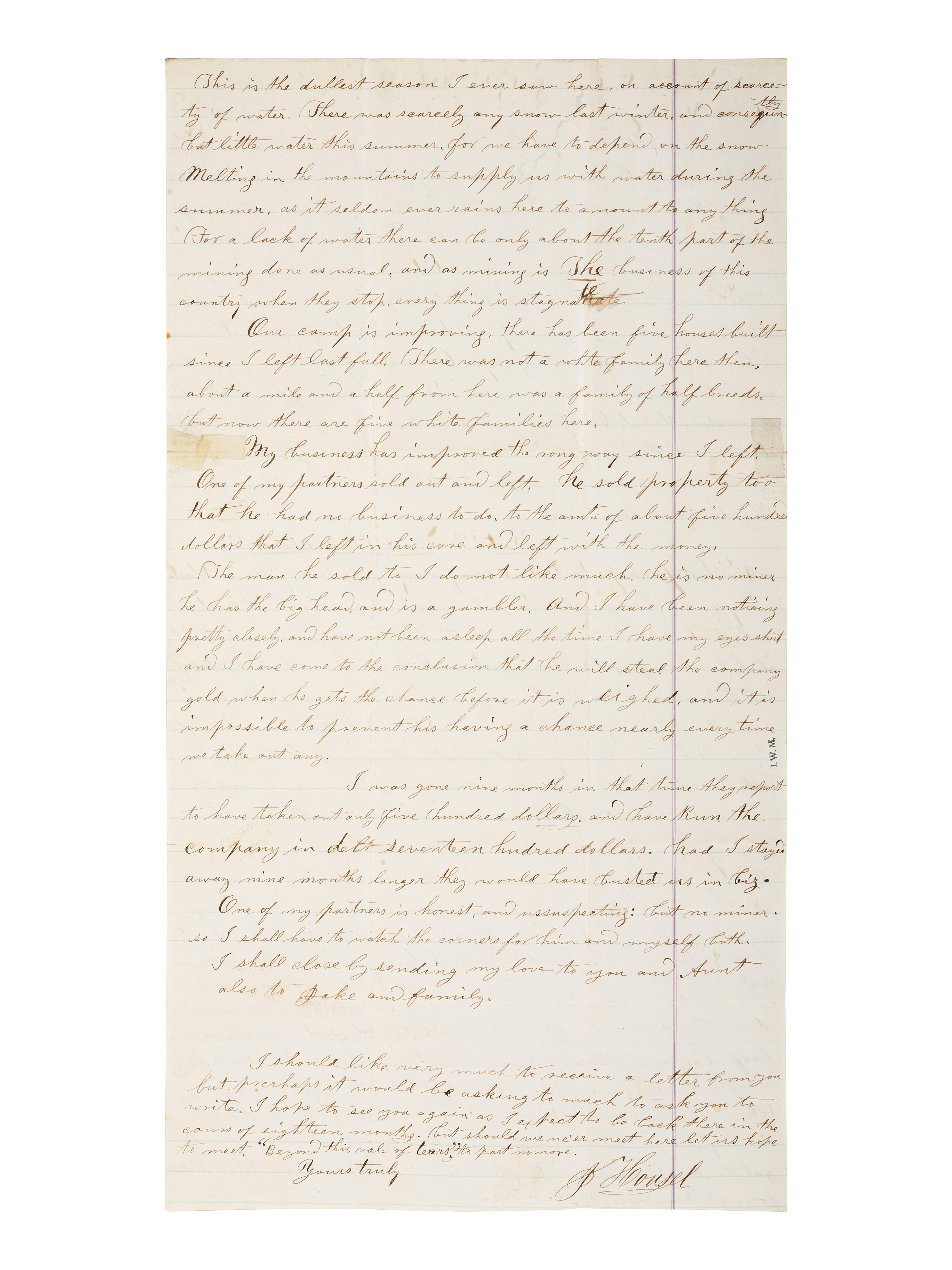 [WESTERN AMERICANA-MINING]. 2 manuscripts, incl. miner's letter from Norwegian Gulch (Montana), 1869