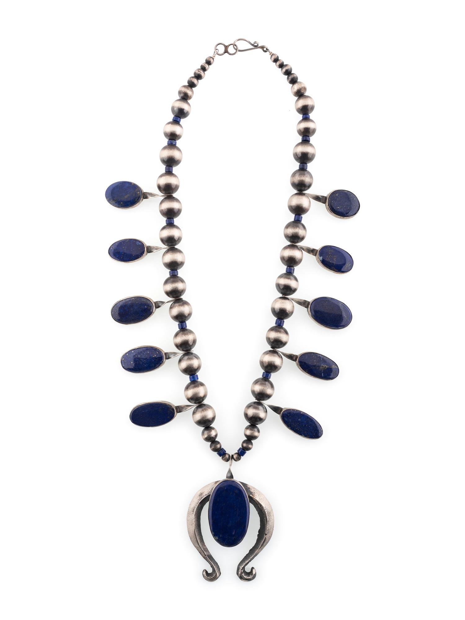 Sand Cast Sterling Silver and Lapis Squash Blossom Necklace