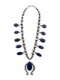 Sand Cast Sterling Silver and Lapis Squash Blossom Necklace