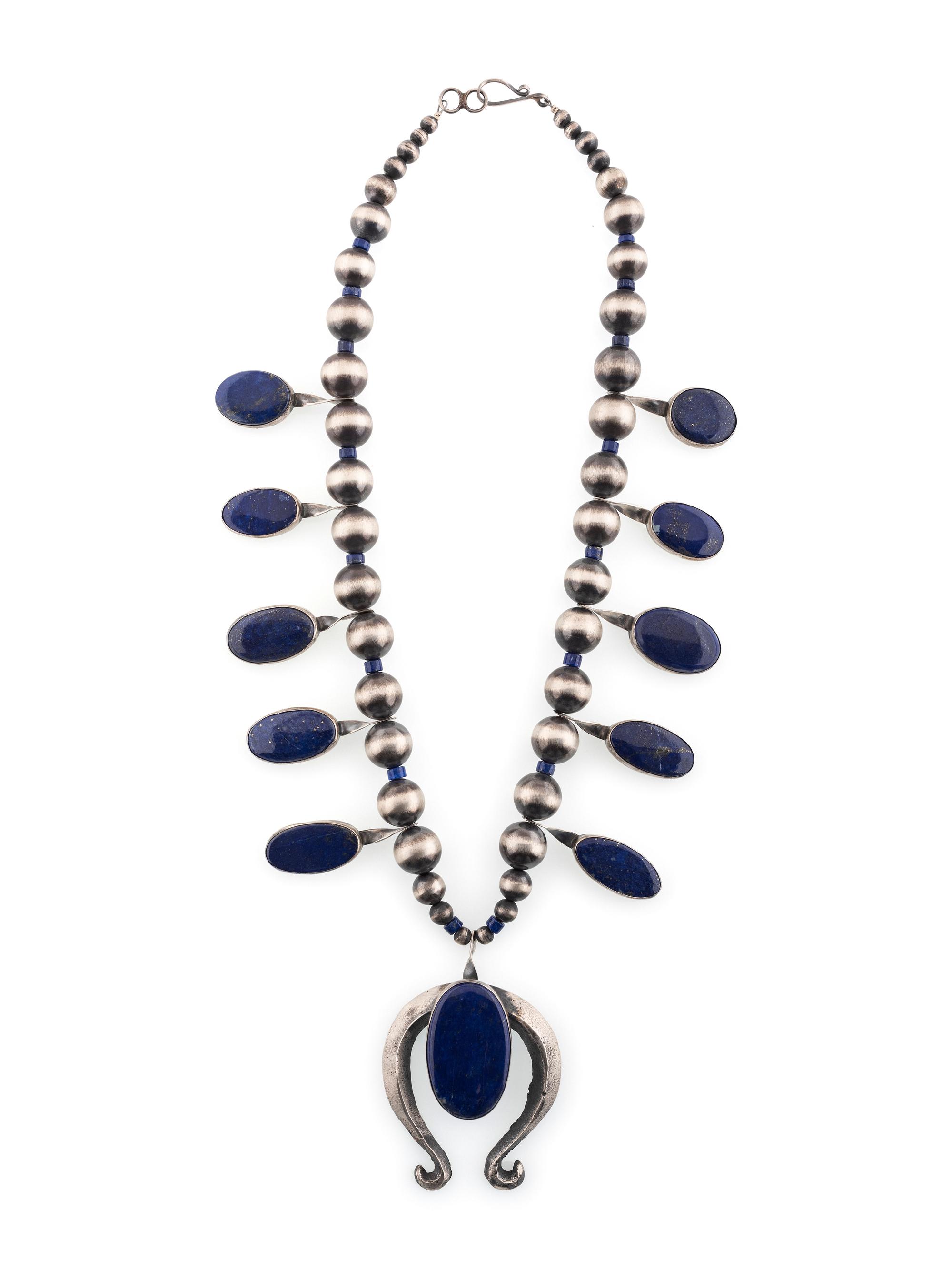 Sand Cast Sterling Silver and Lapis Squash Blossom Necklace