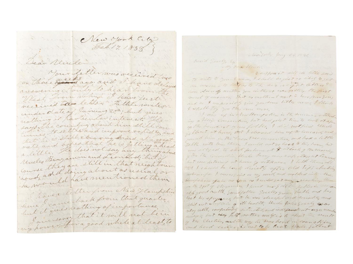 GREELEY, Horace (1811-1872). A group of 4 autograph letters signed from Horace Greeley to Parker Greeley, his uncle. Ca 1827-1841.