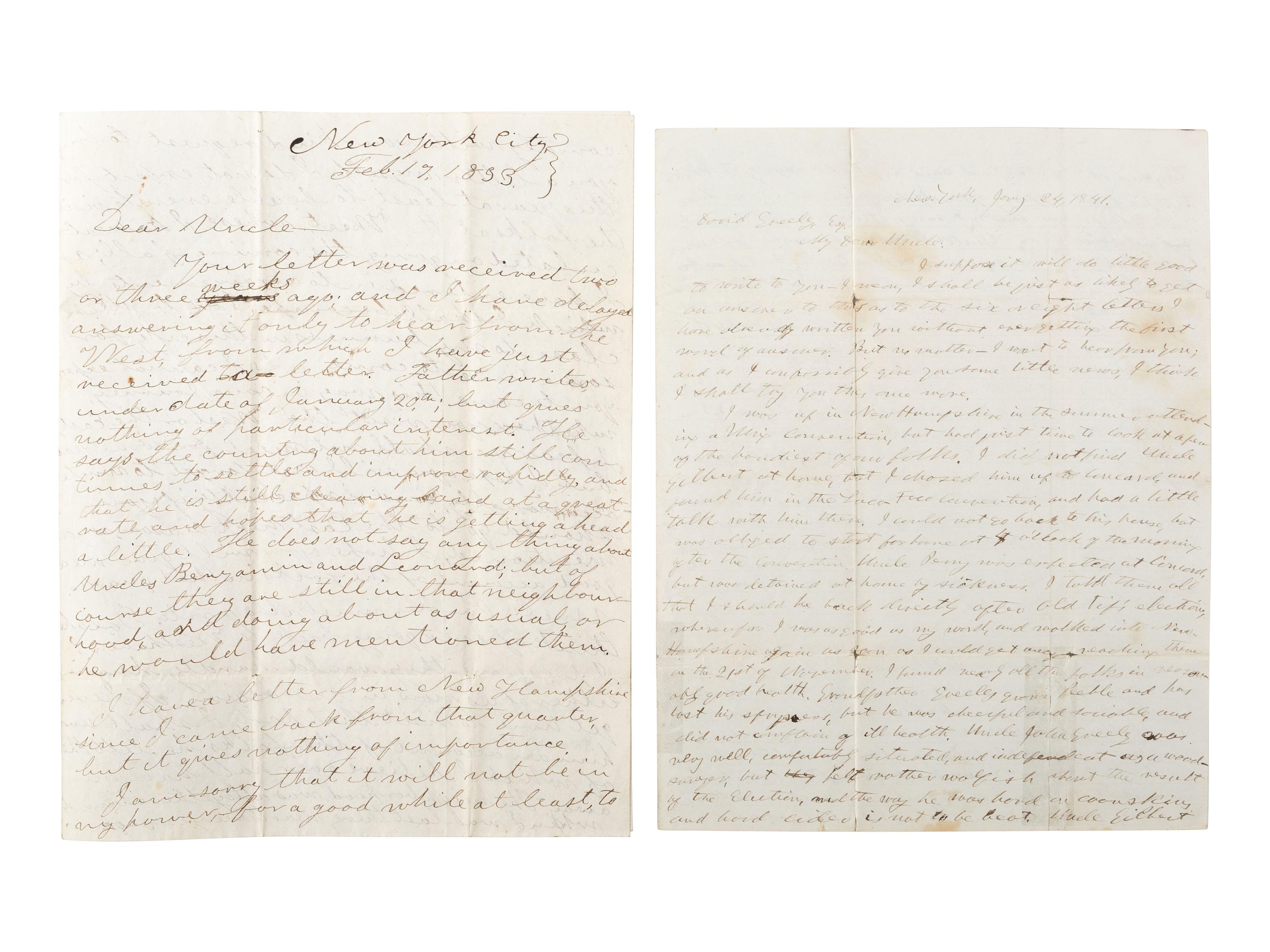 GREELEY, Horace (1811-1872). A group of 4 autograph letters signed from Horace Greeley to Parker Greeley, his uncle. Ca 1827-1841.