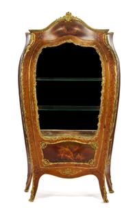 A Louis XV Style Gilt Bronze and Vernis Martin Decorated Vitrine, Height 71 7/8 x width 36 x depth 18 1/2 inches.