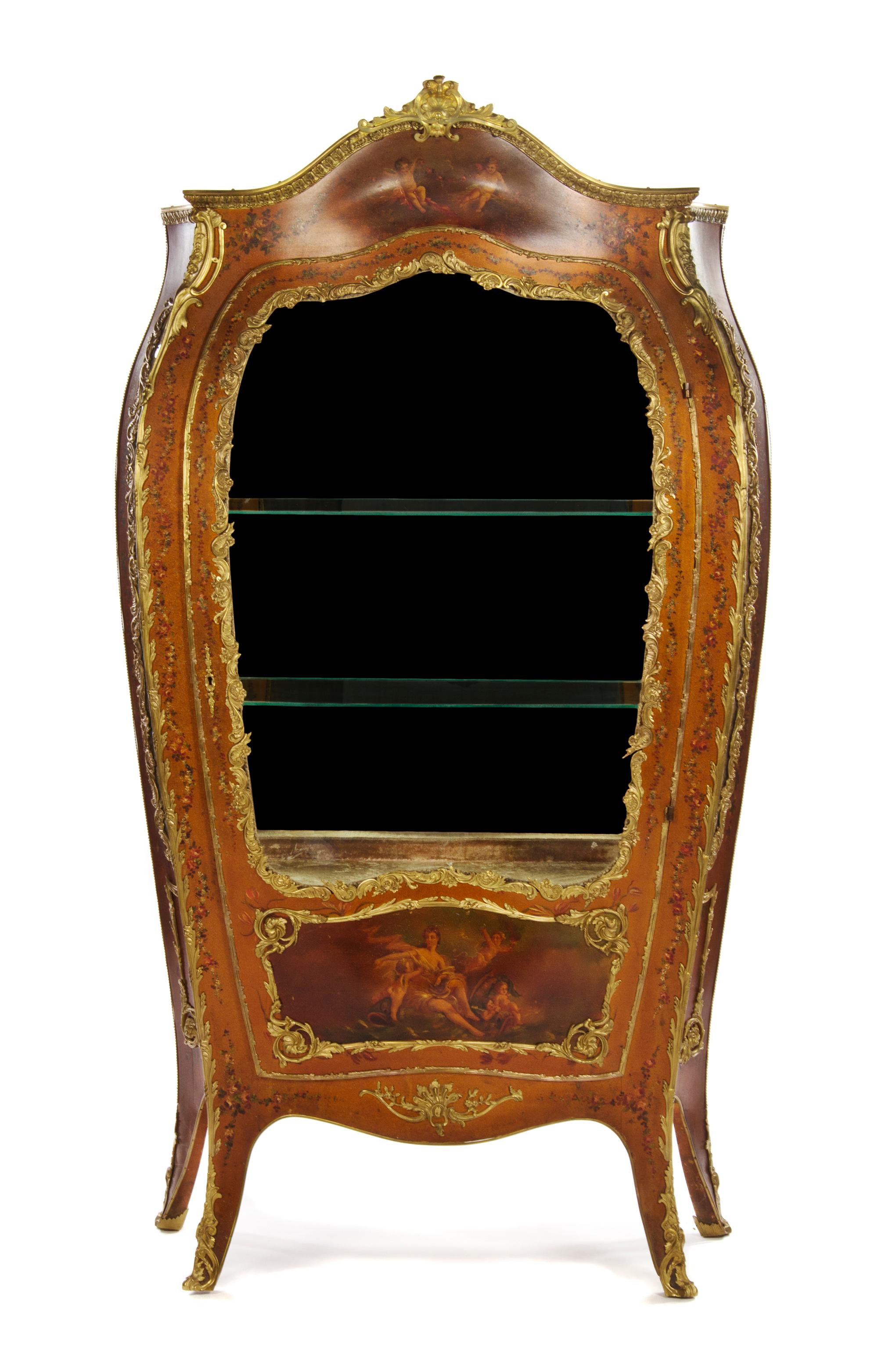 A Louis XV Style Gilt Bronze and Vernis Martin Decorated Vitrine, Height 71 7/8 x width 36 x depth 18 1/2 inches.