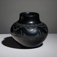 Maria Martinez and Popovi Da (San Ildefonso, 1887-1980 / 1923-1971) — Blackware Pottery Jar, with Avanyu April 1962