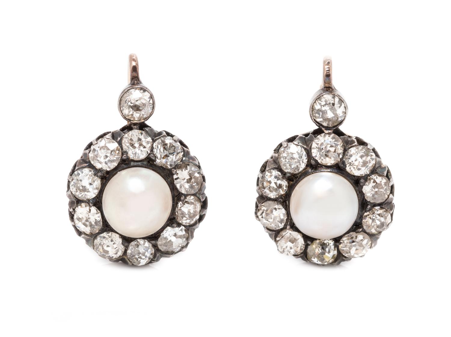 A Pair of Antique Silver Topped Rose Gold, Pearl and Diamond Earrings, 4.25 dwts.