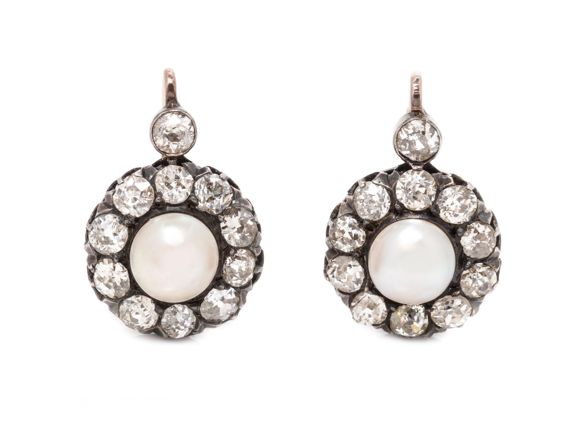 A Pair of Antique Silver Topped Rose Gold, Pearl and Diamond Earrings, 4.25 dwts.