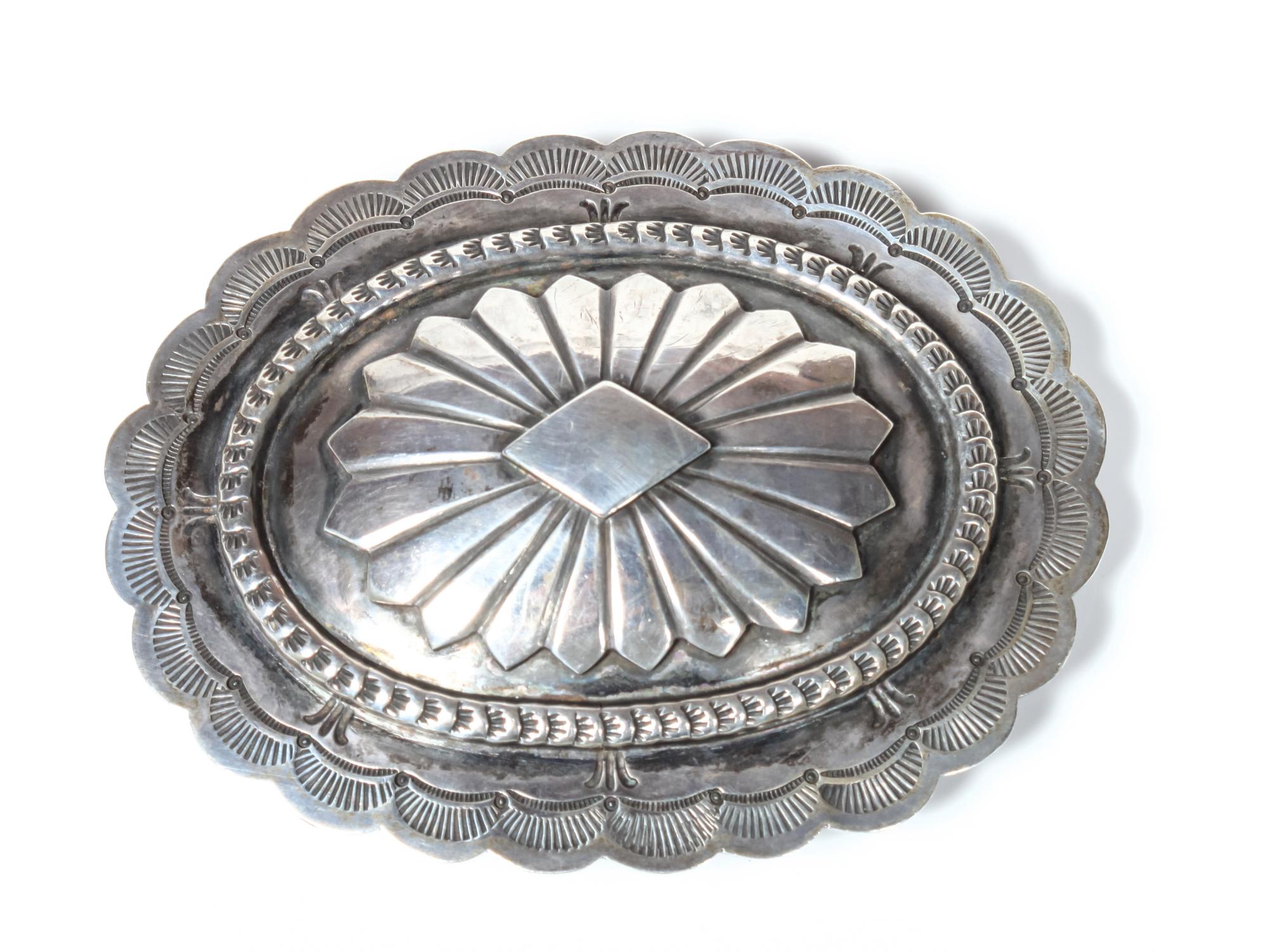 Zuni Stamped Silver Belt Buckle, Sam Piaso Height 3 x width 4 1/2 inches