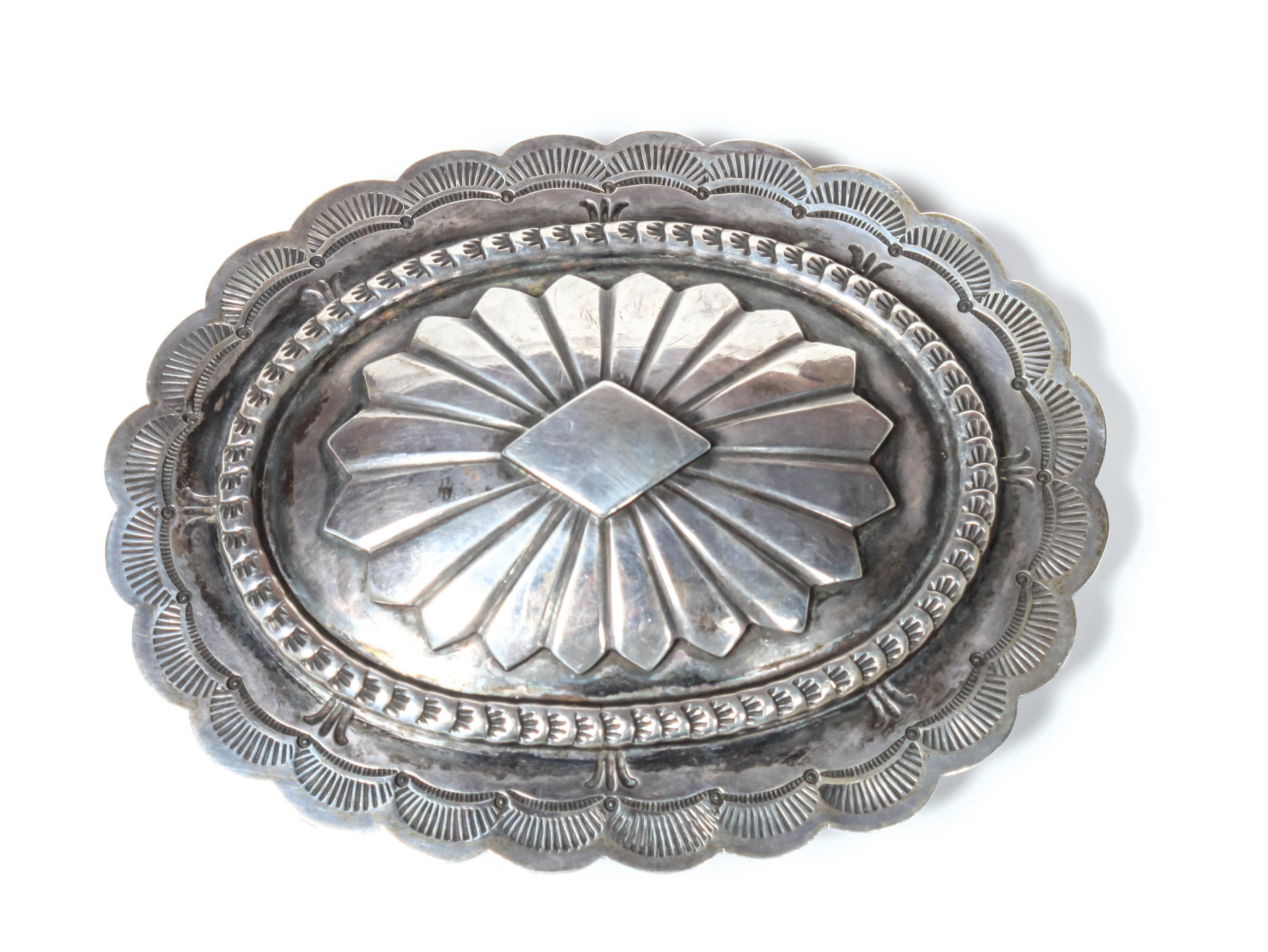 Zuni Stamped Silver Belt Buckle, Sam Piaso Height 3 x width 4 1/2 inches