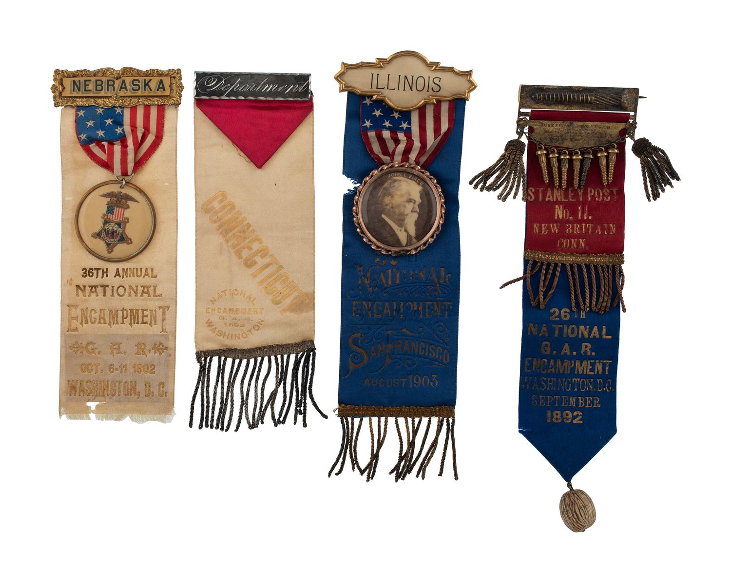 [CIVIL WAR - GRAND ARMY OF THE REPUBLIC] A large group of GAR ribbons and rare GAR ring, including: