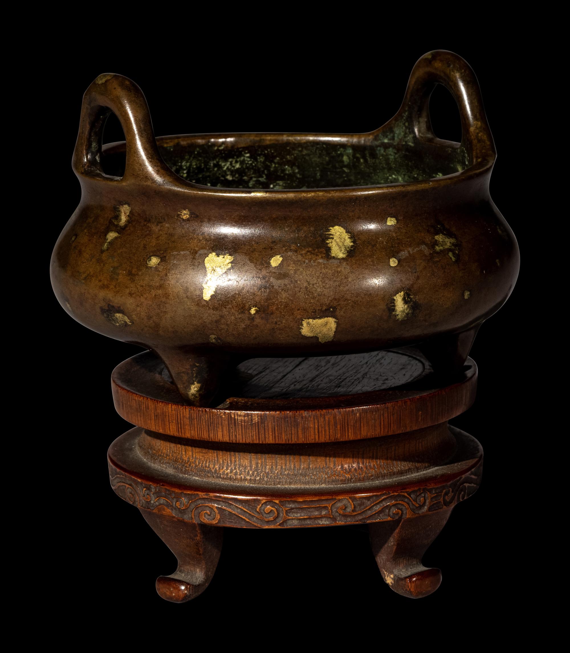 A Chinese Gold Splashed Bronze Incense Burner