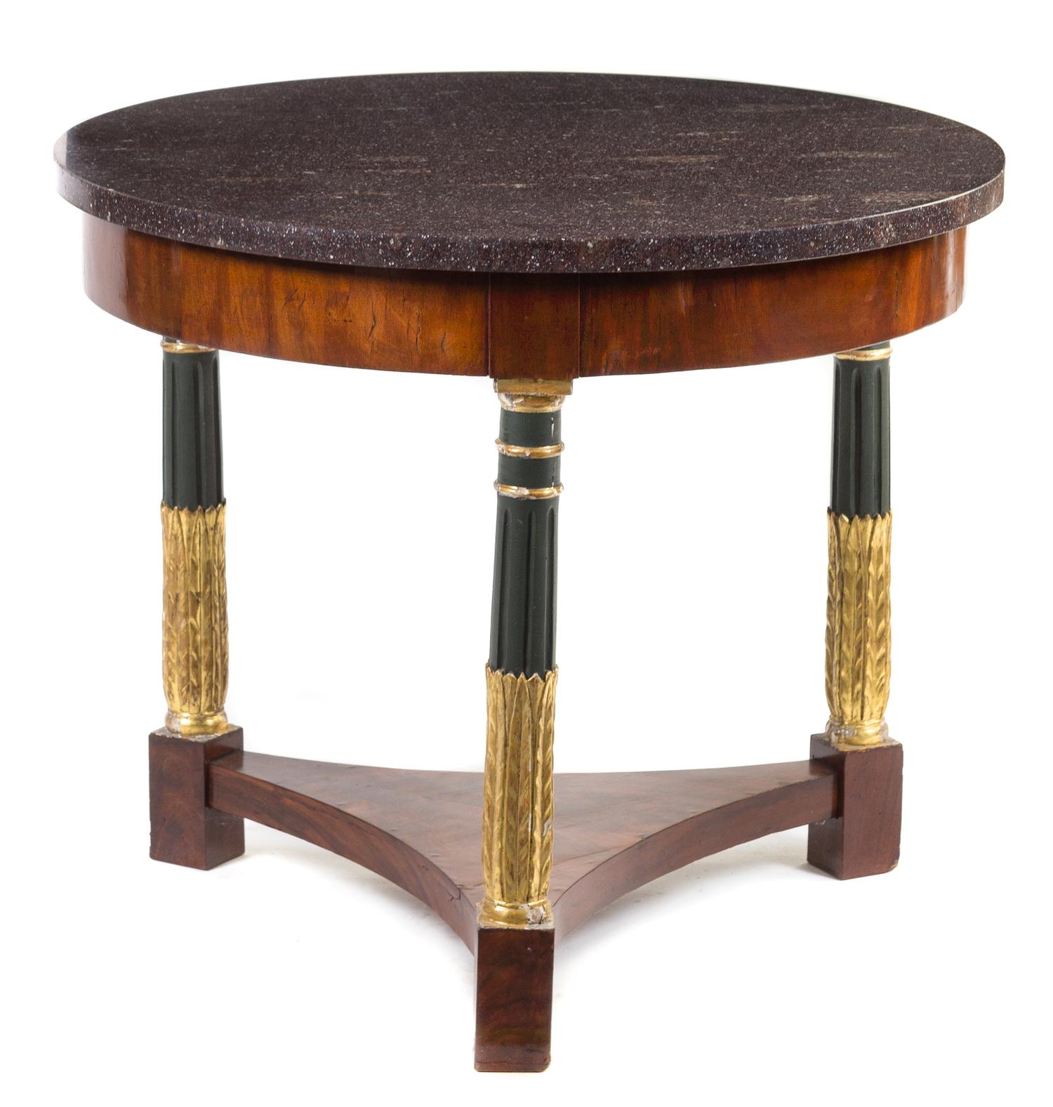 An Empire Painted & Parcel Gilt Mahogany Gueridon Height 28 x diameter of top 34 inches. — 19TH CENTURY