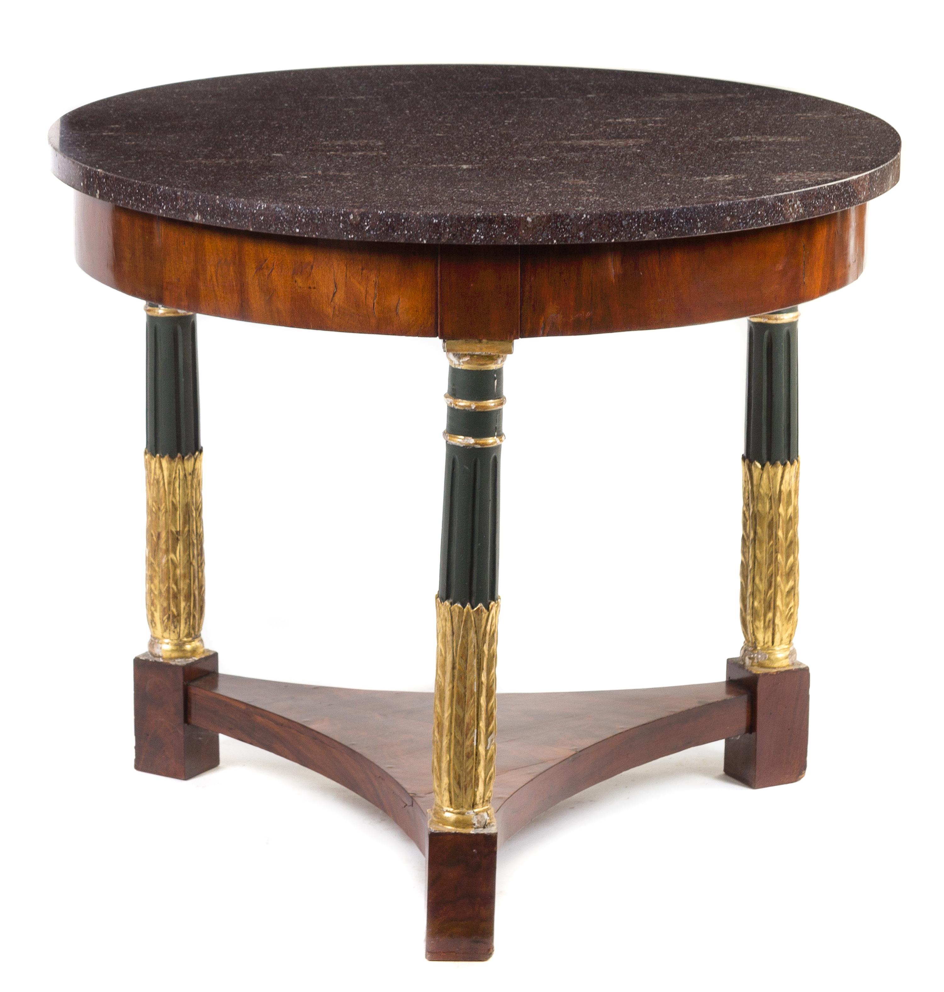 An Empire Painted & Parcel Gilt Mahogany Gueridon Height 28 x diameter of top 34 inches. — 19TH CENTURY