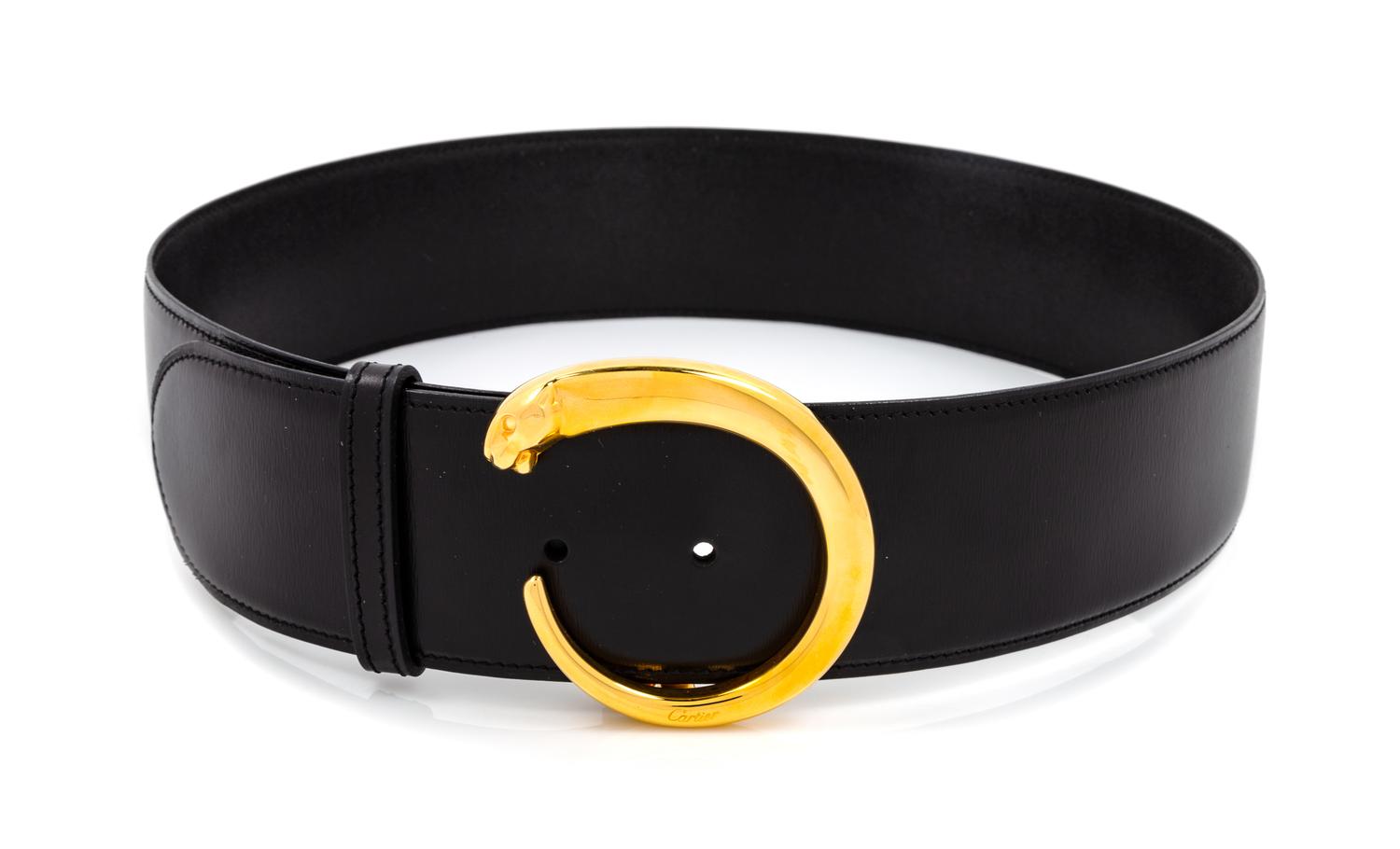 A Cartier Black Leather Panthere Belt, Buckle: 2.5" diameter; Belt: 28"- 30" x 2".