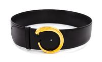 A Cartier Black Leather Panthere Belt, Buckle: 2.5" diameter; Belt: 28"- 30" x 2".